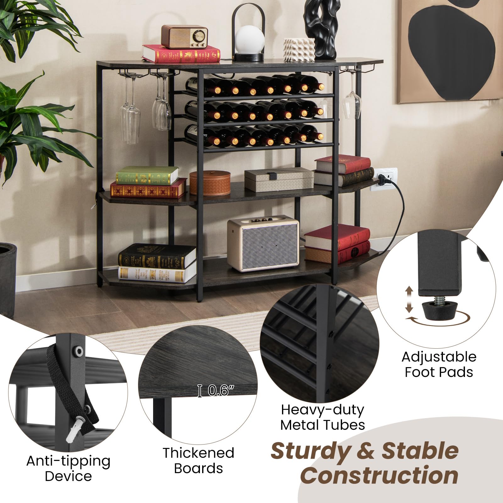 COSTWAY 3-Tier Wine Bar Cabinet with Power Outlets & Storage - Rustic Grey Freestanding Liquor Cabinet with Wine Racks, Glass Holders - Perfect for Kitchen, Dining Room, Home Bar or Entertainment Area
