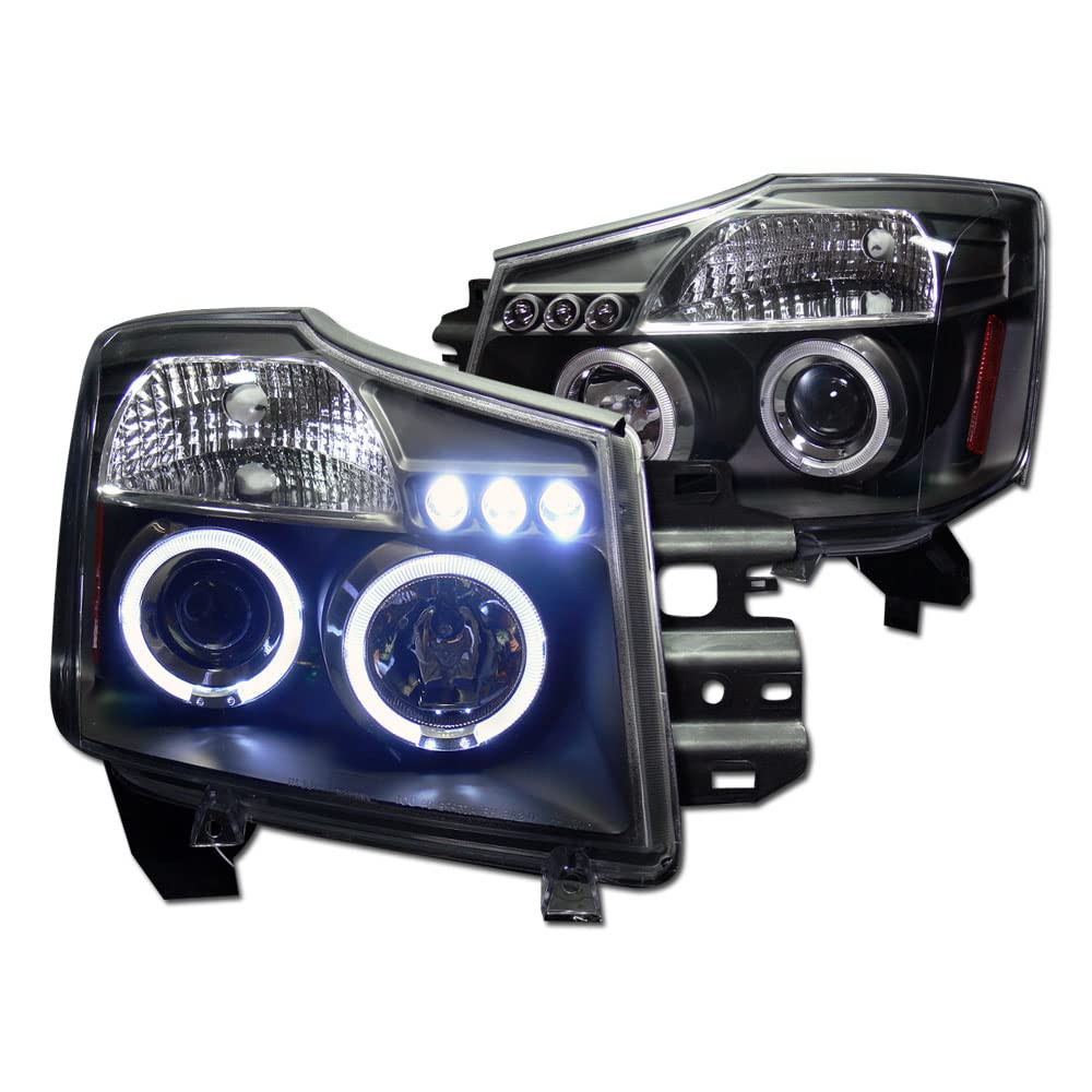 Black LED Projector Headlights with Amber Reflector & Halo Ring - Compatible with 2004-2015 Nissan Titan & 2005-2007 Nissan Armada - Upgrade Your Truck's Style & Night Visibility for Off-Roading & Daily Driving