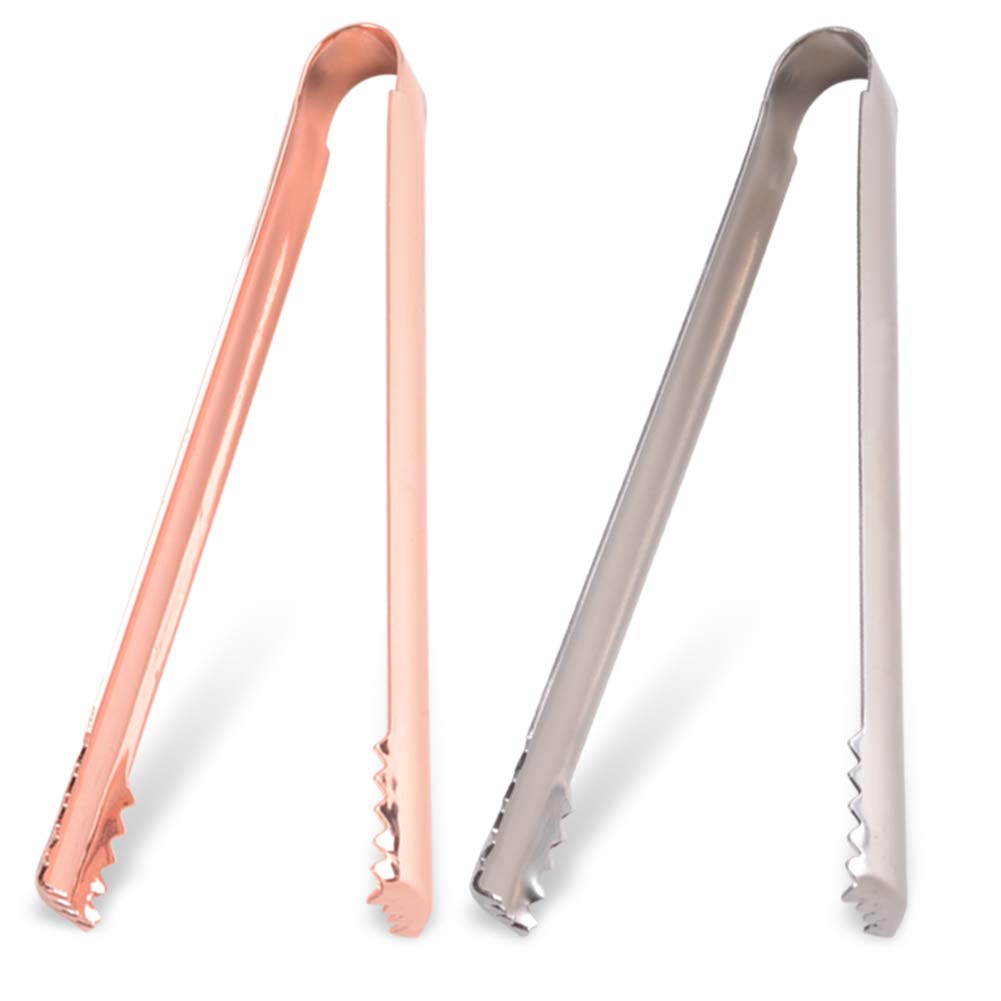 Premium Rose Gold Stainless Steel Ice Tongs - 6.5 Inch Mirror Polished Kitchen Tongs for Cocktails, Beverages, and Food Serving (Set of 2, Silver & Rose Gold) - Perfect for Bartending, Home Bars, and Party Hosting