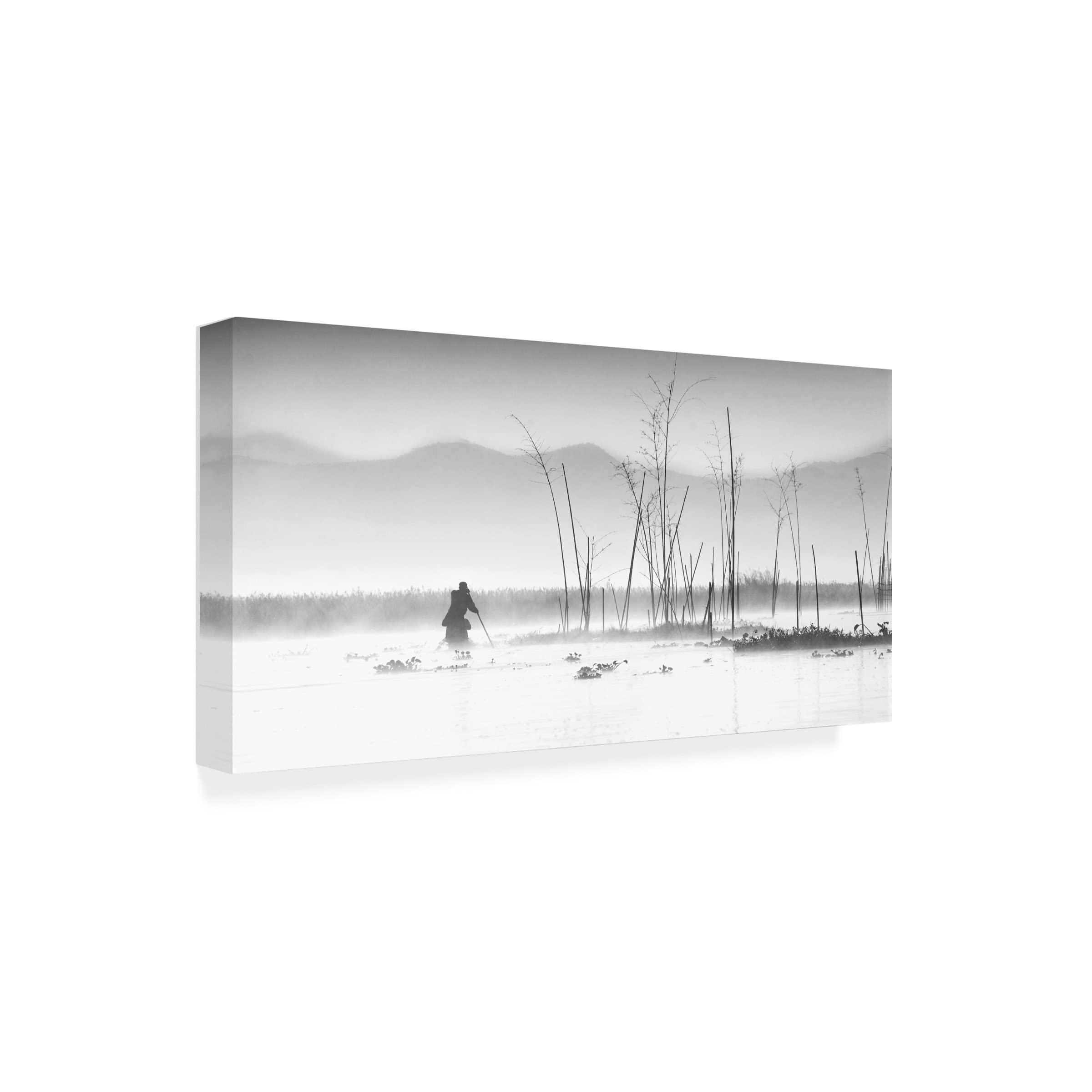 Joe B N 'Fishing In A Misty Morning' Canvas Wall Art Print - Landscape Nature Painting for Living Room, Bedroom & Office Decor