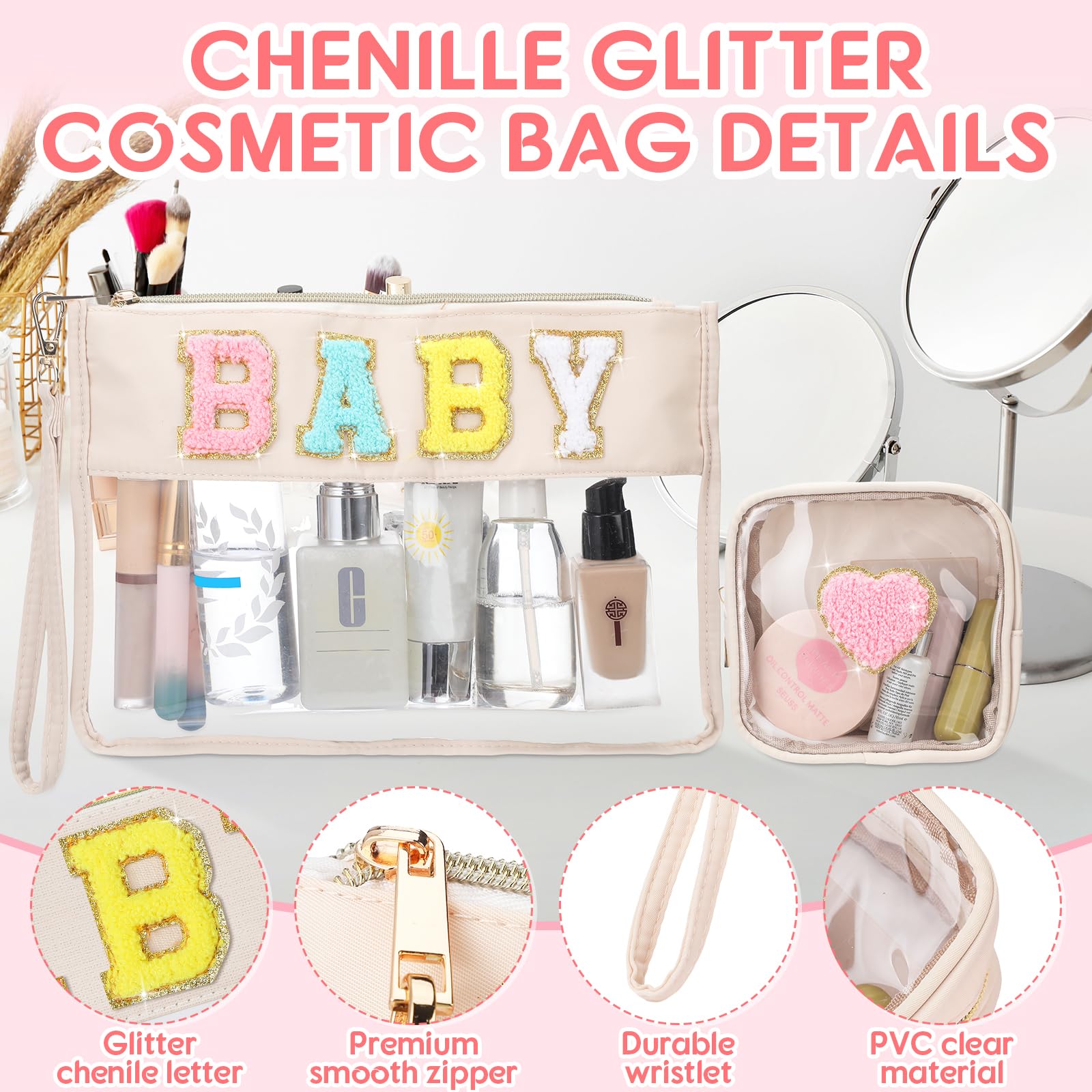 Hillban 2-Piece Baby Travel Bag Set - Soft Chenille Letter Cosmetic Makeup Bags, Waterproof Toiletry Storage Organizer for Women & Moms (Baby Theme) - Perfect for Diaper Essentials, Baby Showers & On-the-Go Parenting