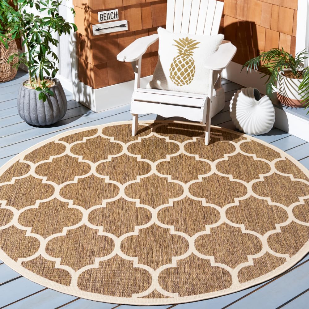 SAFAVIEH Courtyard Collection 7'1 Round Area Rug - Brown & Bone Trellis Design, Non-Shedding, Easy Care, Washable Indoor/Outdoor Rug for Patio, Backyard, Mudroom, Living Room & Bedroom (CY6914-242)