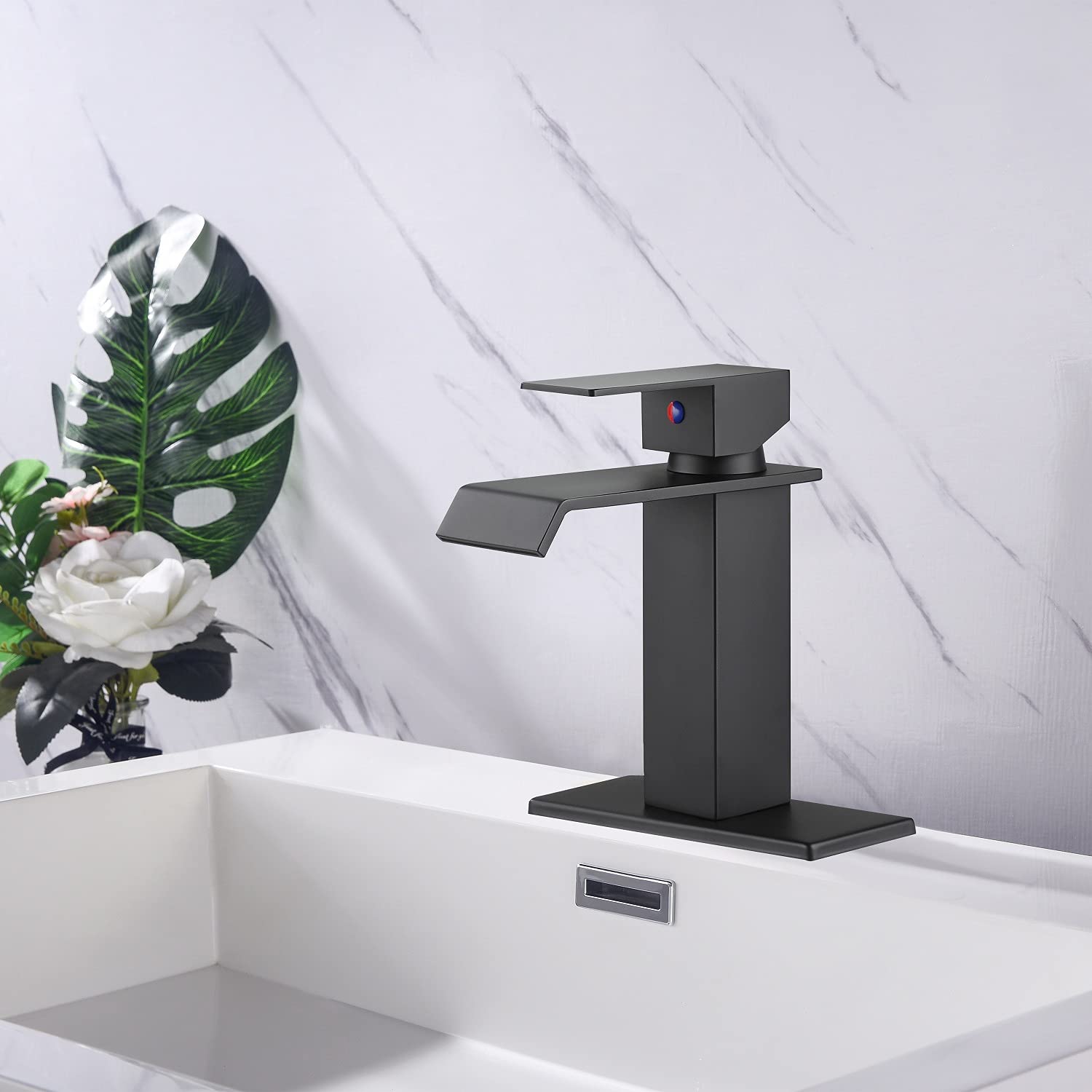 NYCSUOANI Single Handle Waterfall Spout Bathroom Faucet - Modern Bathroom Vanity Sink Faucet for Bathroom & Powder Room Renovation