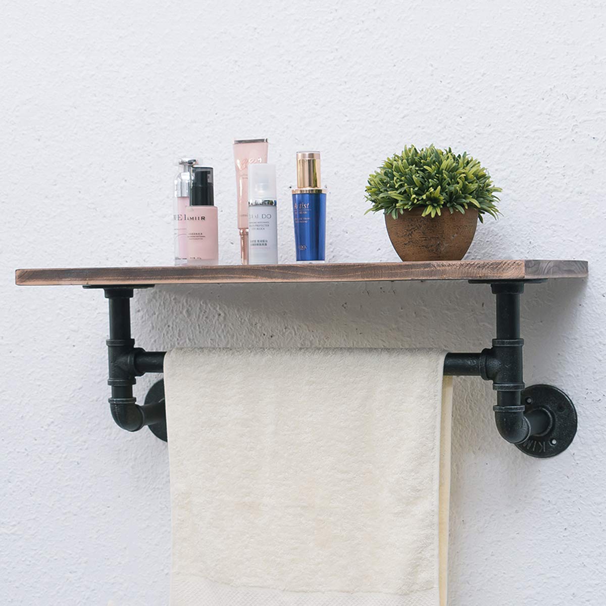 Womio 24in Industrial Pipe Bathroom Shelves Wall Mounted with Towel Bar - Rustic Farmhouse Decor, 1-Tier Metal Floating Shelf & Towel Holder - Perfect for Over Toilet Storage & Bathroom Organization