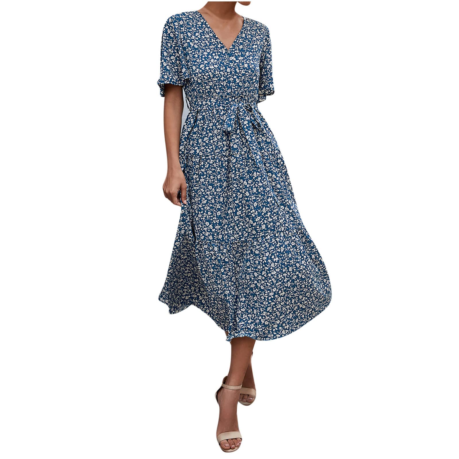Women's Black V-Neck Ruffle Summer Dress - Casual Classic Loose Fit Printed Short Sleeve Sundress | Perfect for Beach Vacations, Date Nights & Summer Outings