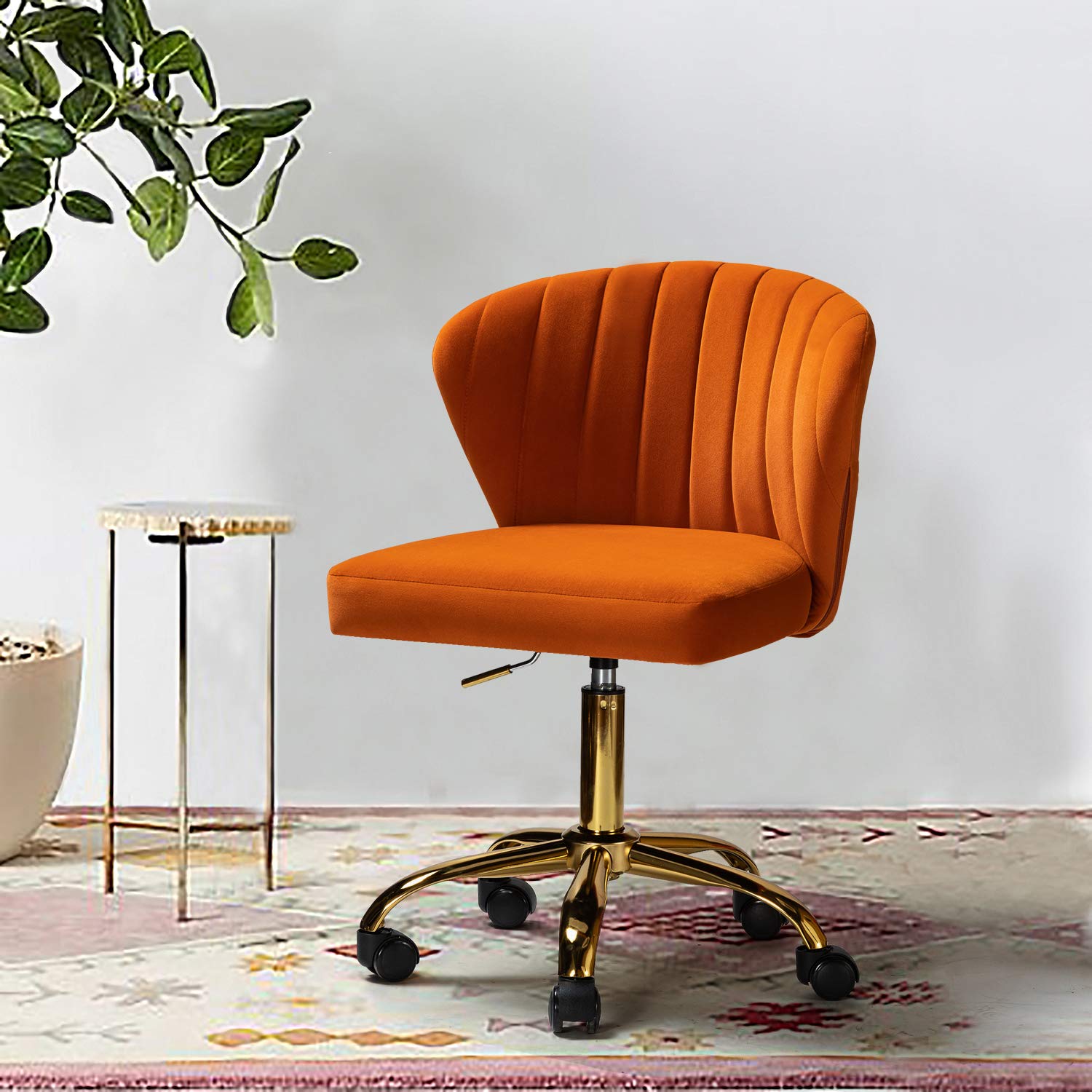 Modern Velvet Armless Office Chair with Wheels & Gold Base - Adjustable Low Back Swivel Rolling Task Chair for Home Office, Living Room, Vanity or Study - Soft Upholstered Desk Chair in Stylish Orange