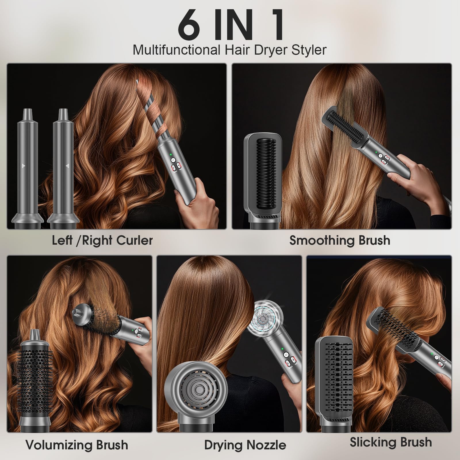 AOMEES Professional 6-in-1 Hot Air Styler & Hair Dryer Brush - Ionic Hair Dryer, Volumizer, Straightener & Curler for Heat-Free Styling | Salon Quality Blowout at Home for Smooth, Shiny Hair