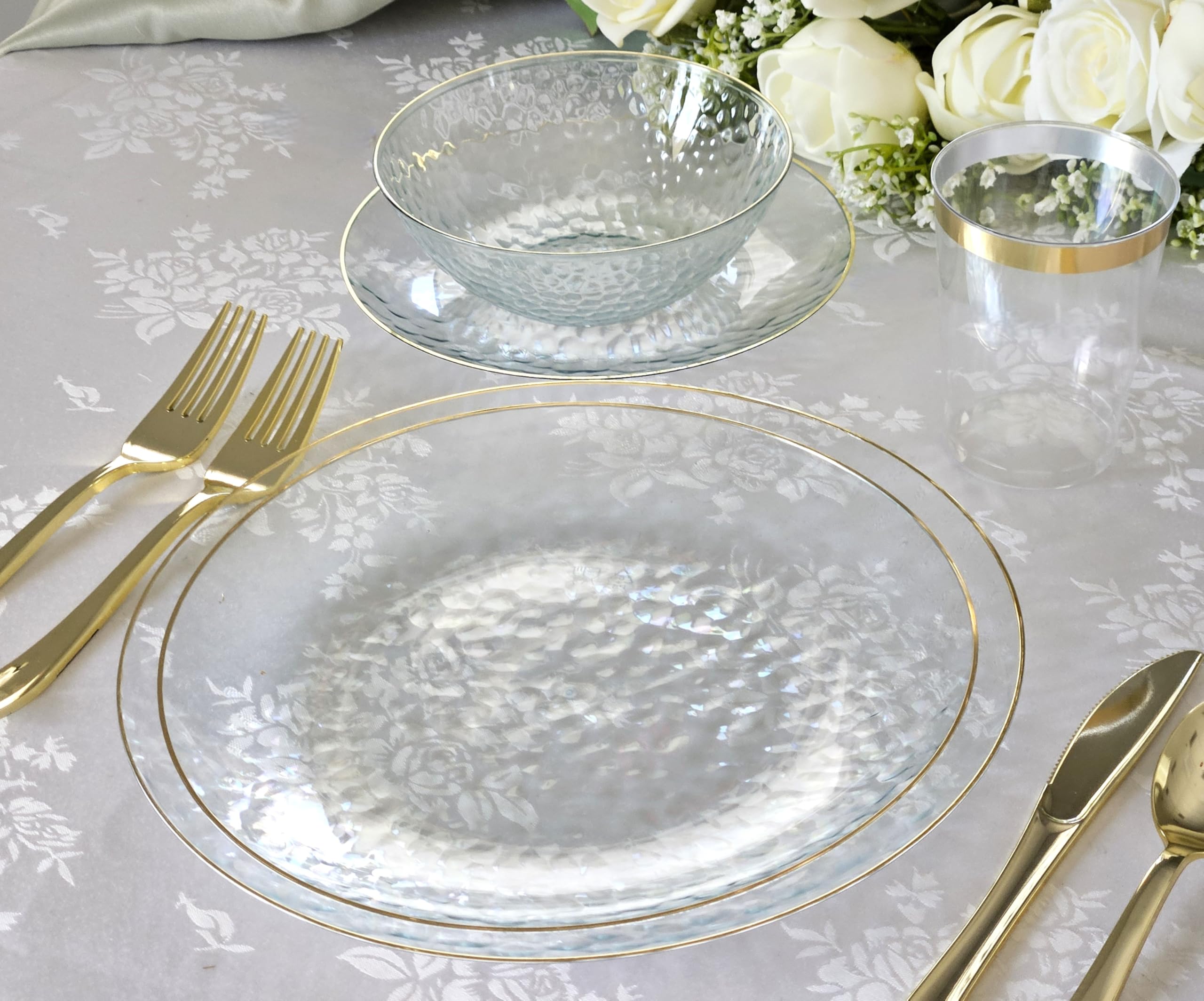 120-Pack Disposable Plastic Plates for Wedding & Party - 7'' Appetizer/Dessert Plates in Coastal Clear & Gold | Elegant Dinnerware for Bridal Showers, Baby Showers & Special Events