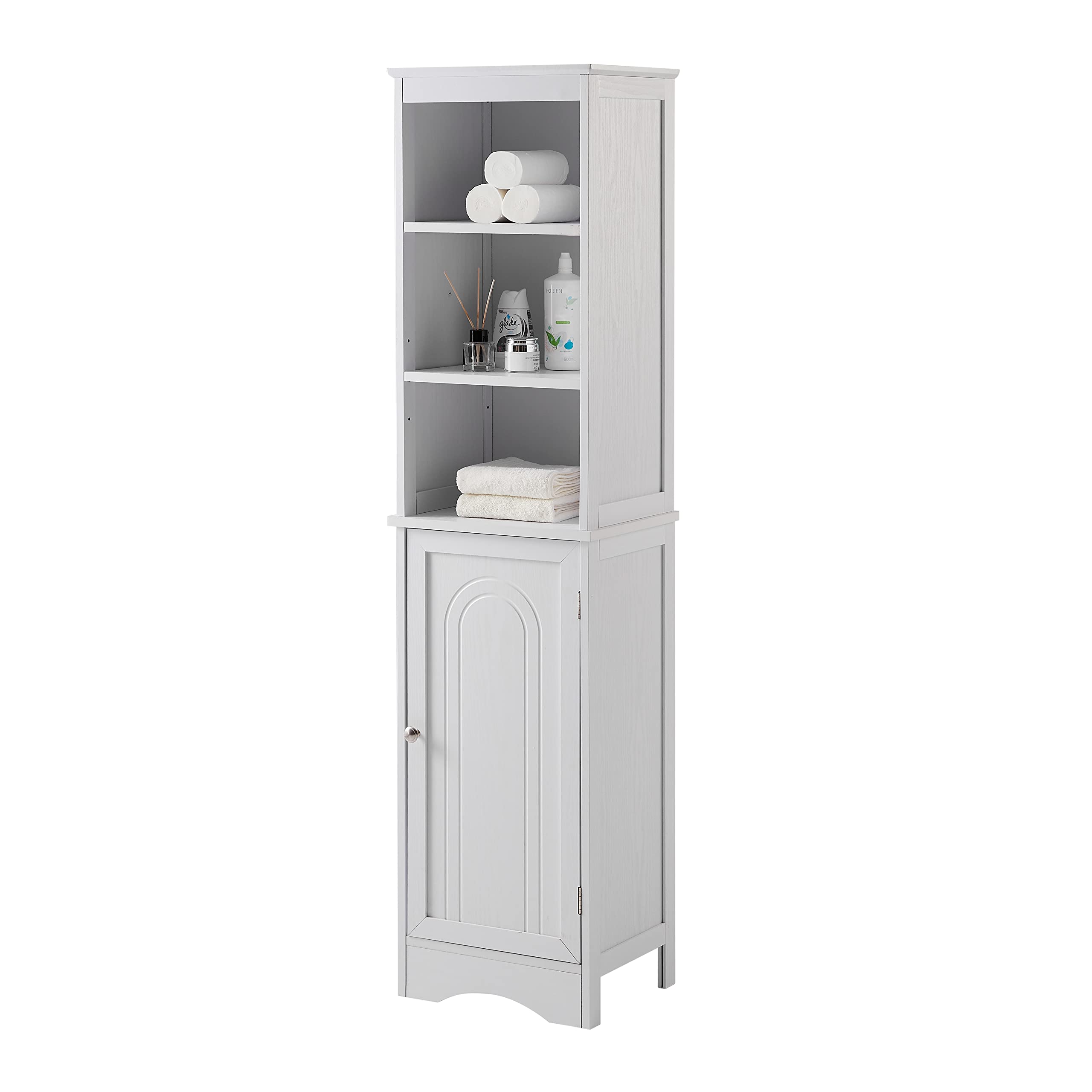 Tall Adjustable Bathroom Storage Cabinet - Freestanding Wood Organizer with Shelves for Bathroom, Living Room & Bedroom (White) - Perfect for Small Space Organization & Home Decor