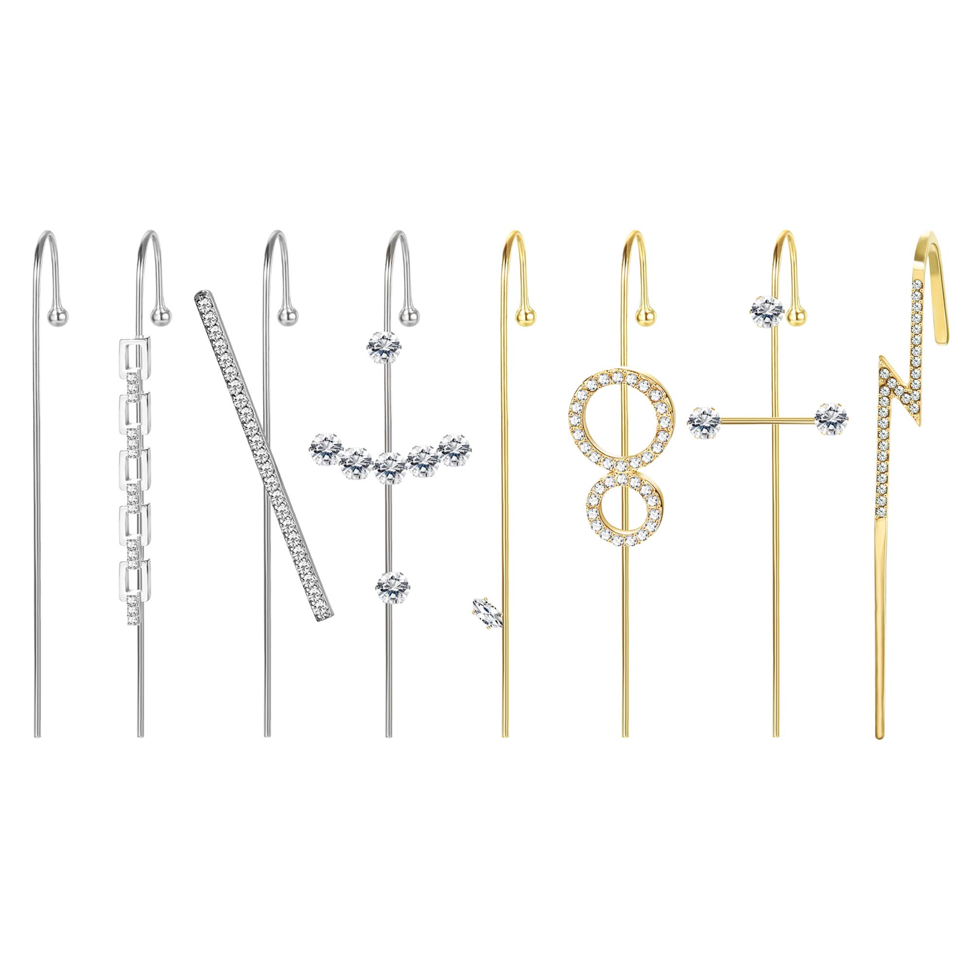 FUNRUN JEWELRY 8-Piece Rhinestone Ear Cuff & Crawler Hook Earrings Set for Women - Elegant Long Ear Jewelry for Parties, Weddings & Night Out