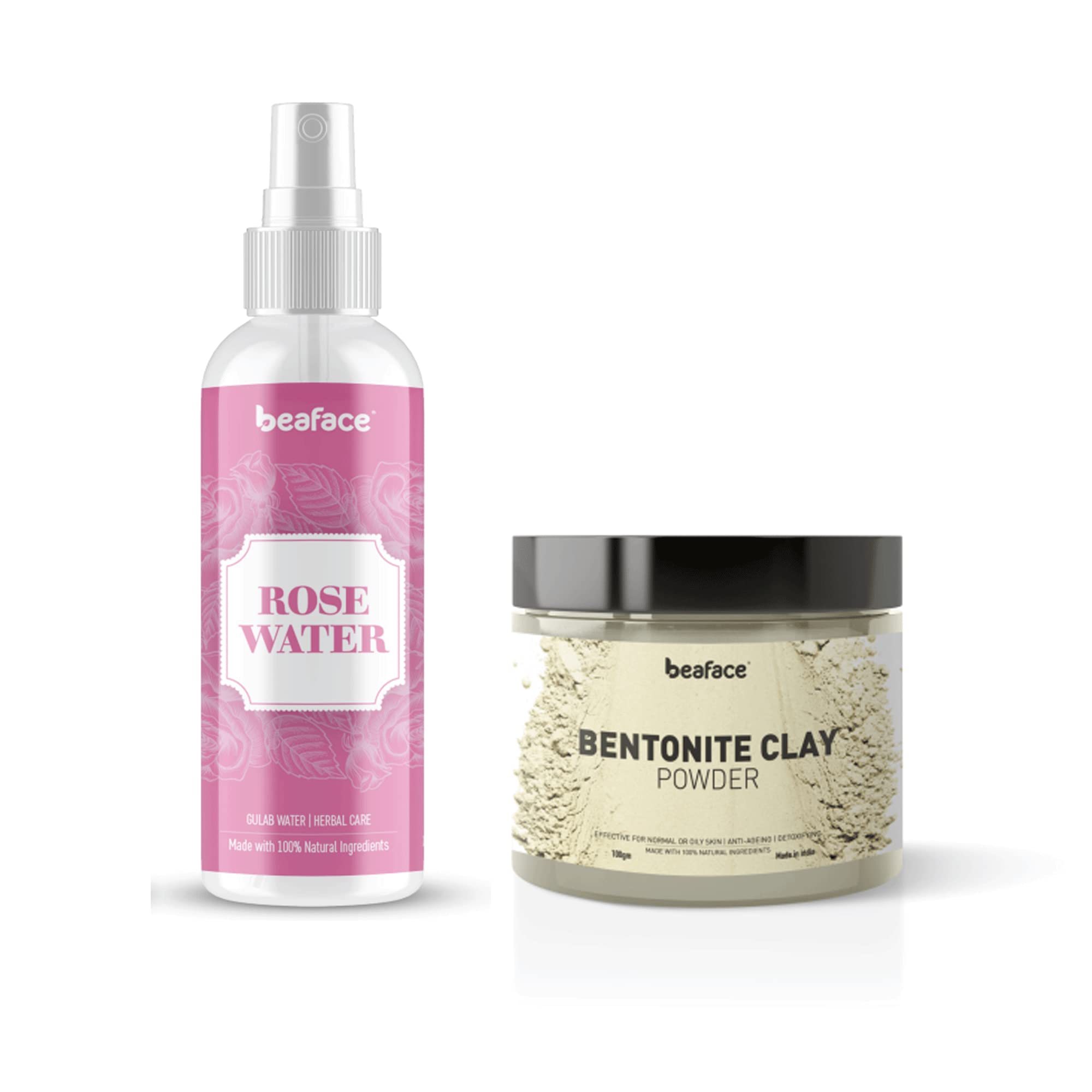 Beaface Bentonite Clay Powder & Rose Water Spray Combo Pack - 2x100g for Detoxifying Facial Mask & Hydrating Toner | Natural Skincare for Glowing Skin, Acne Treatment & Pore Minimizing | Perfect for Daily Beauty Routine & Spa Day
