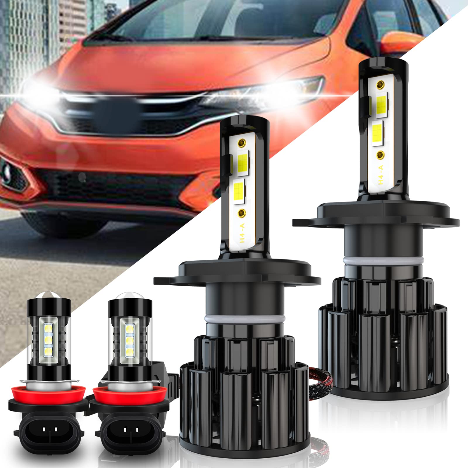 LED Headlight Bulbs for Honda Fit 2006-2010 - H4 High/Low Beam & H11 Fog Light LED Kit - 10000LM 6000K White Super Bright - CSP Technology - Halogen Replacement - Plug and Play - Pack of 4 - Perfect for Night Driving & Foggy Conditions