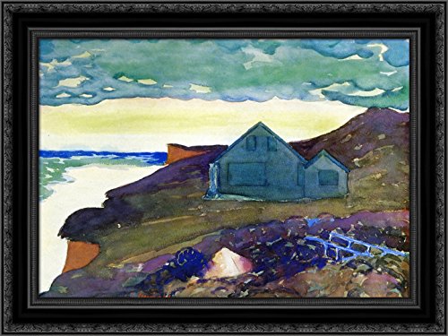 George Luks 24x18 Black Ornate Wood Framed Canvas Art - House on the Point Wall Decor for Living Room, Bedroom & Office | Premium Gallery Quality Painting
