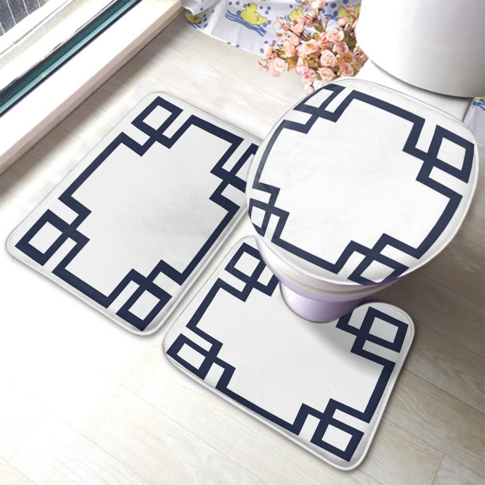 Zaueky 3-Piece Bathroom Rug Set - Non-Slip Square Bath Mat with Rubber Backing, U-Shaped Contour Rug & Toilet Lid Cover in White & Navy Blue Greek Key Design | Classic Home Decor for Bathroom Safety and Style