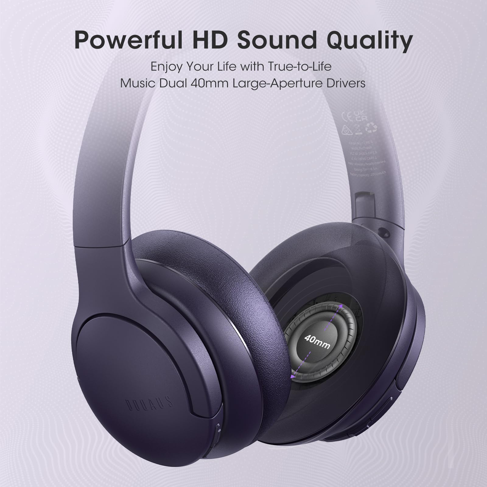 DOQAUS Wireless Over-Ear Headphones with 90H Playtime, Bluetooth 5.0, HiFi Stereo Sound, Deep Bass & Built-in Mic - 3 EQ Modes, Foldable Design for iPhone, Android, PC - Perfect for Travel, Office & Gaming (Purple)