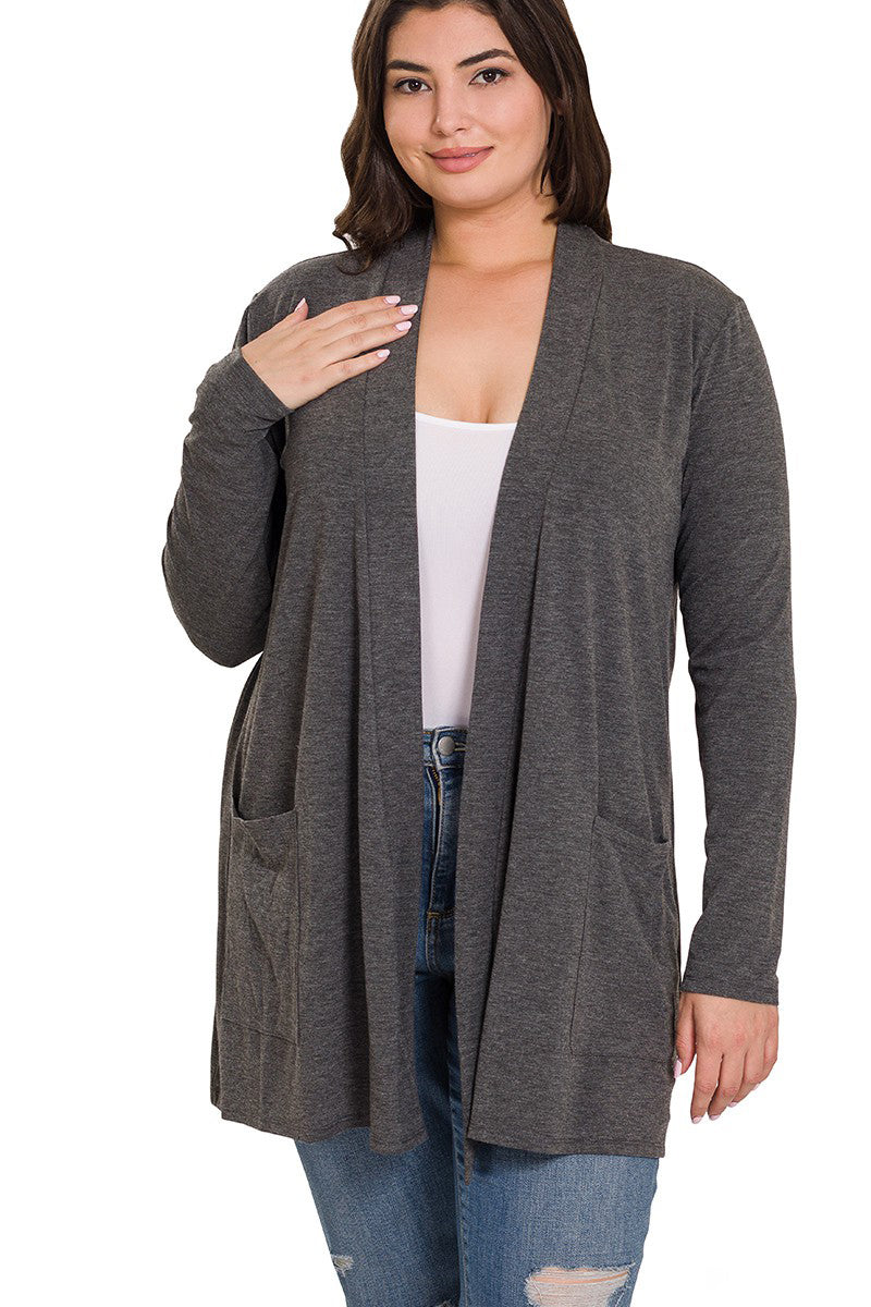 Stylish Plus Size Long Open Cardigan with Pockets - Women's Oversized Knit Wrap Sweater for Casual Wear, Office & Fall Layering