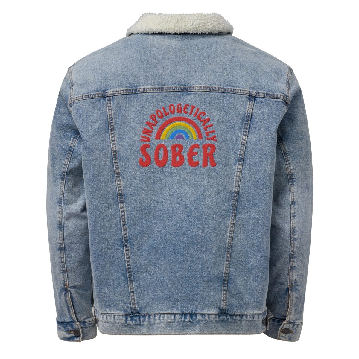 Unisex Sherpa Denim Jacket with Embroidered 'Unapologetically Sober' Design - Cozy Winter Fashion for Sober Living & Recovery Support
