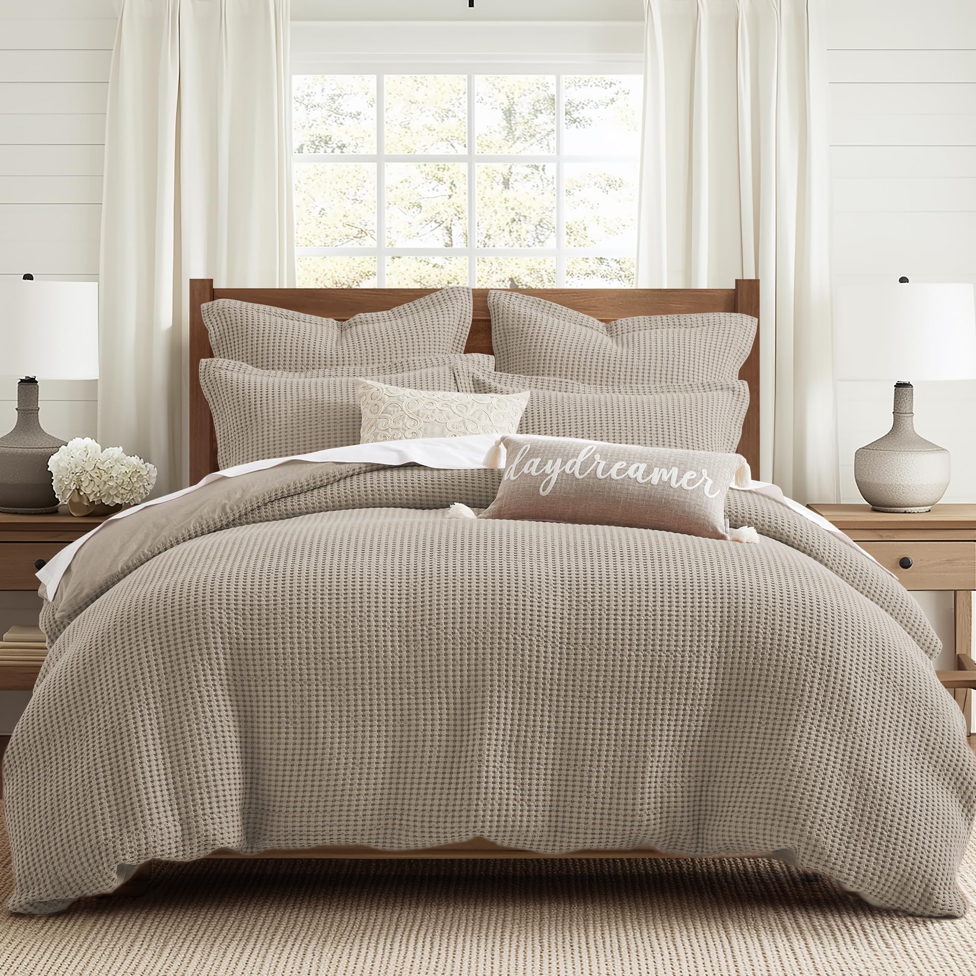Levtex Home Mills Waffle Beige Fawn Duvet Cover Set - Full/Queen Size (90