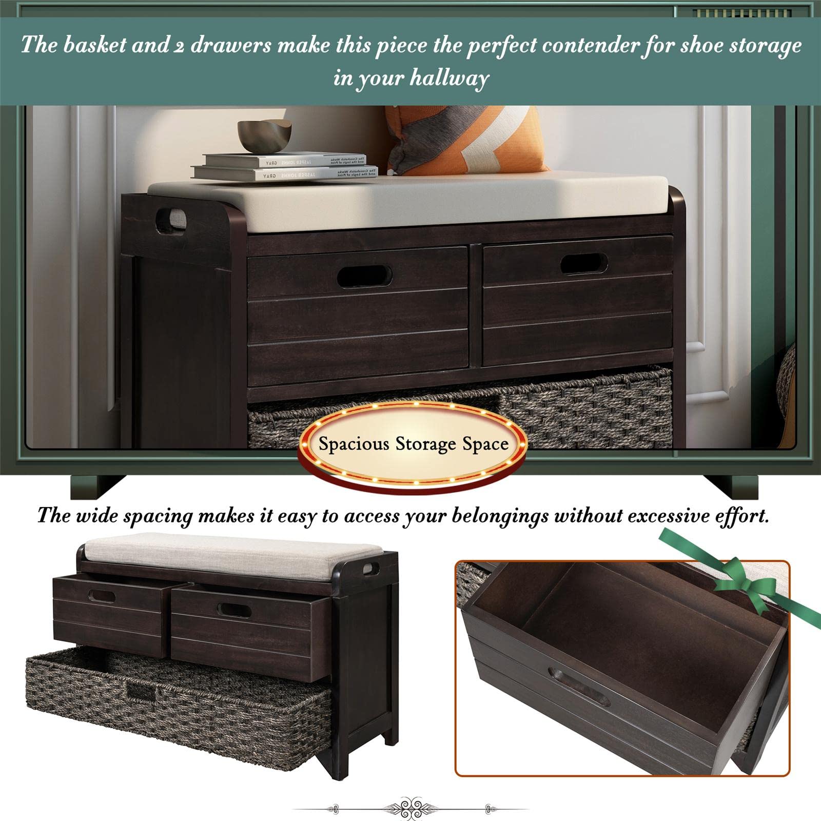 JINS&VICO Entryway Storage Bench with Removable Basket & 2 Drawers - Shoe Organizer Bench with Cushion for Hallway, Living Room - Fully Assembled Espresso Brown - Perfect for Small Space Organization & Entryway Decor