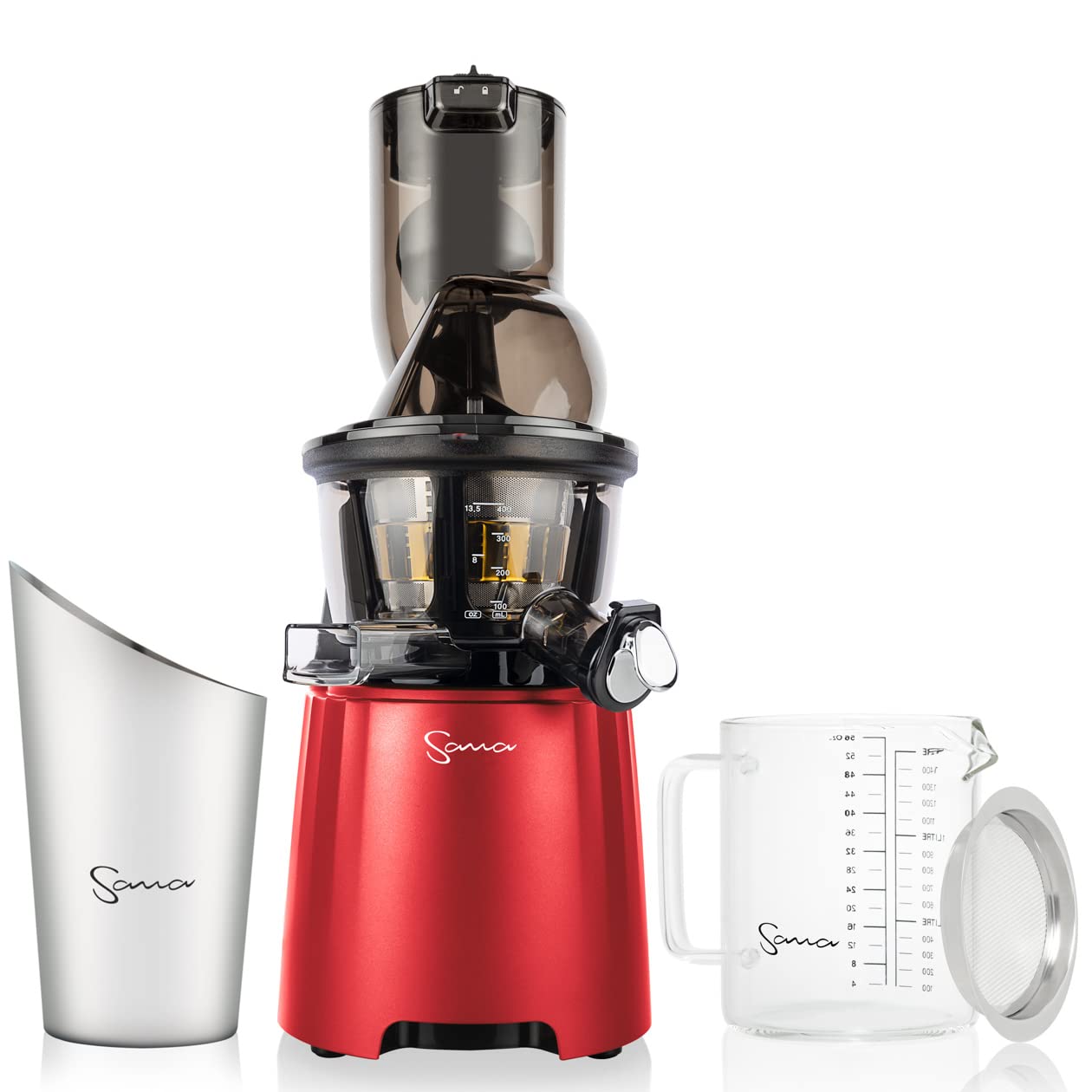 Premium SANA 868 Wide Mouth Cold Press Juicer with Patented Trap Door - 240W High Torque Motor for Fast Juicing - Includes 2 Premium Accessories & 15-Year Warranty (Red) - Perfect for Healthy Smoothies, Detox Drinks & Family Breakfast Prep