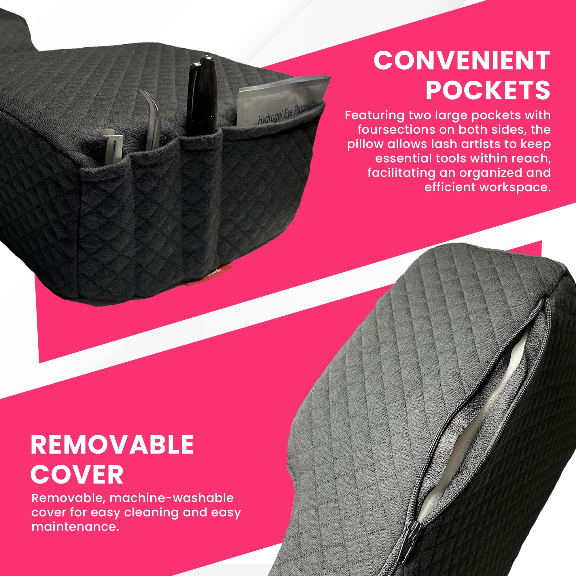 Premium Curved Memory Foam Lash Pillow for Eyelash Extensions - Ergonomic Neck & Back Support for Lash Technicians - Black Professional Lash Bed with Dual Side Tool Pockets - Perfect for Salon, Spa & Mobile Lash Services