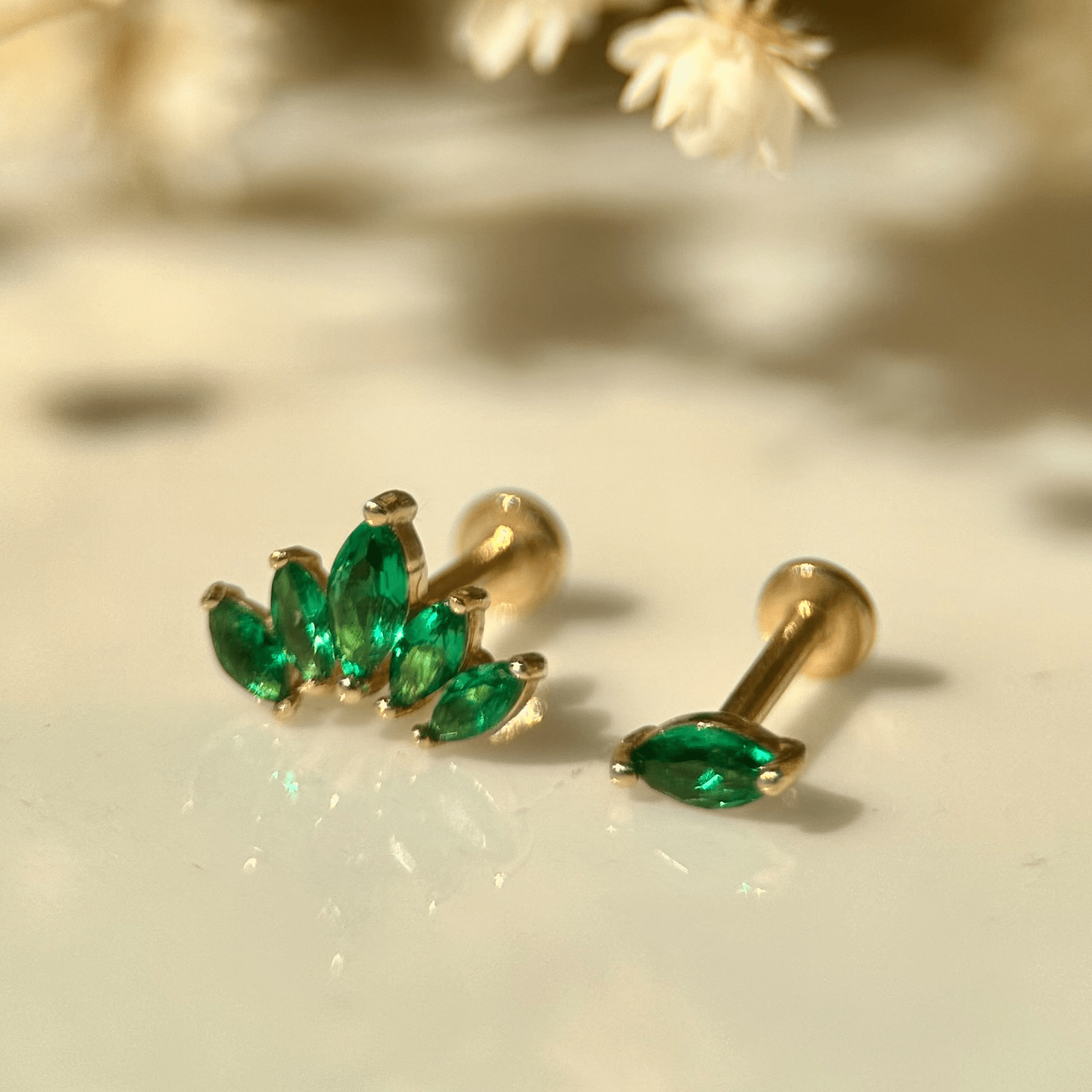 14K Yellow Gold Marquise Cut Five Petal Emerald Lotus Stud Earrings - Perfect for Weddings, Parties & Everyday Elegance