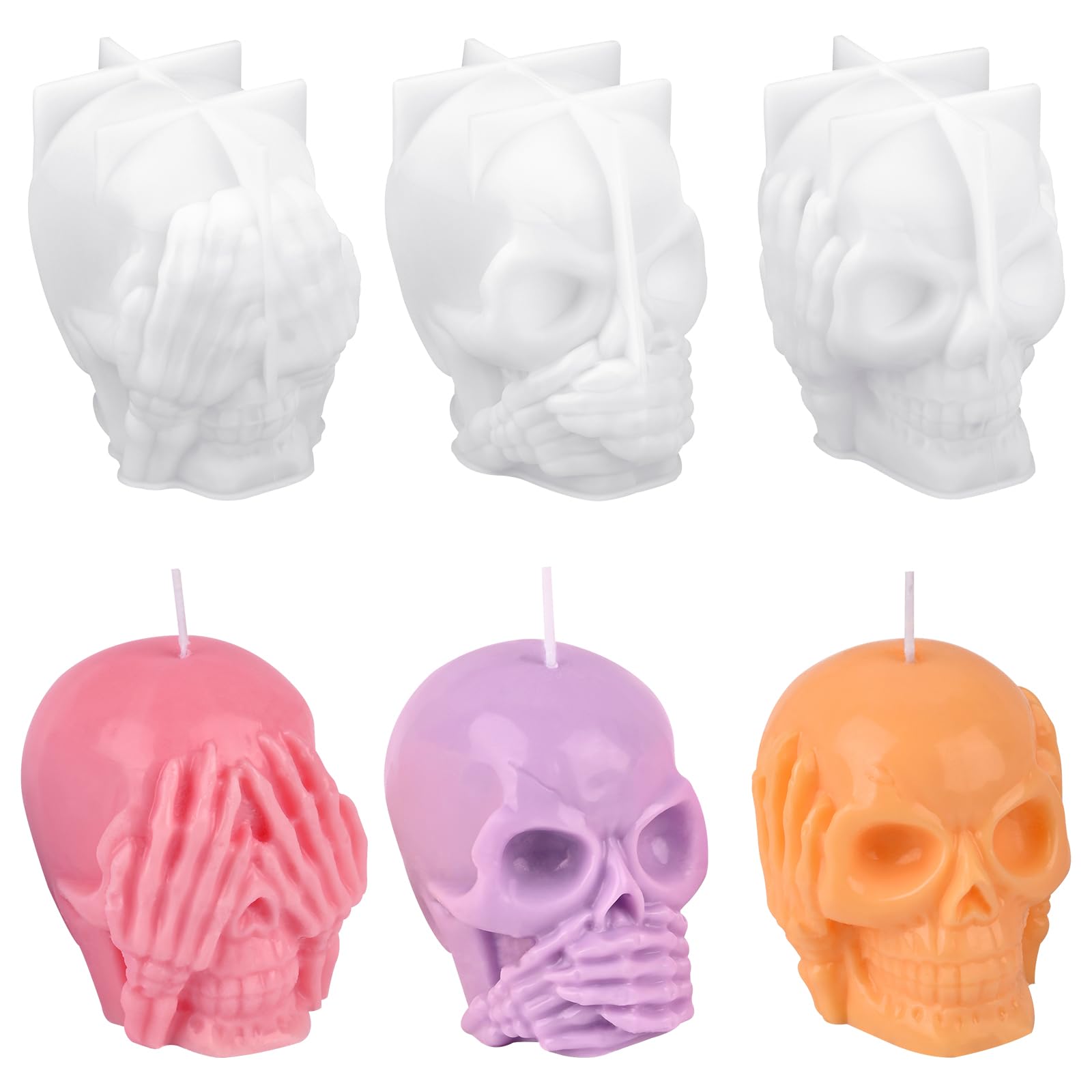 HUAKENER 3 Pack Skull Candle Molds - 3D Silicone Skull Molds for Candles, Resin, Soap & Cake Decorating (Hear No, See No, Speak No Evil) - Perfect for Halloween DIY Crafts, Home Decor & Party Supplies