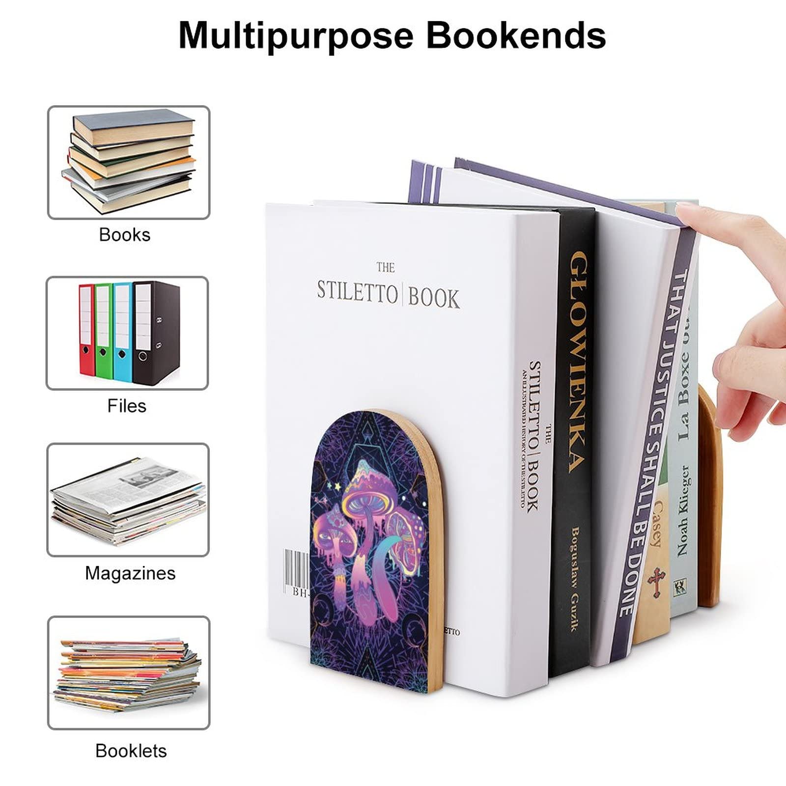 Psychedelic Art Wood Bookends - Magic Mushroom Design Non-Slip Office Decor for Books, Files & Magazines | Perfect for Home Office, Library & Bookshelf Organization