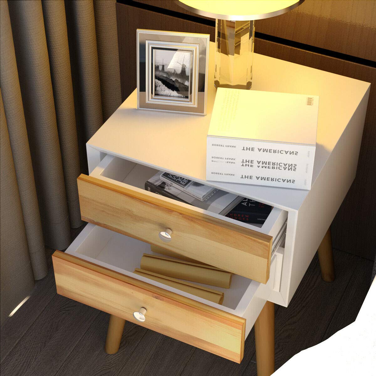 Vintage Wooden Nightstand with 2 Storage Drawers - Retro Bedside Table, End Table, Cabinet - Sturdy, Durable & Scratch-Resistant - Easy to Clean Brown Finish - Set of 2 - Perfect for Bedroom, Living Room & Office Use