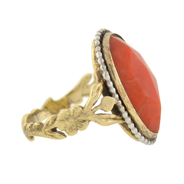 15kt Gold Faceted Natural Coral Ring for Women - Elegant Handmade Jewelry Gift for Birthday, Anniversary & Special Occasions