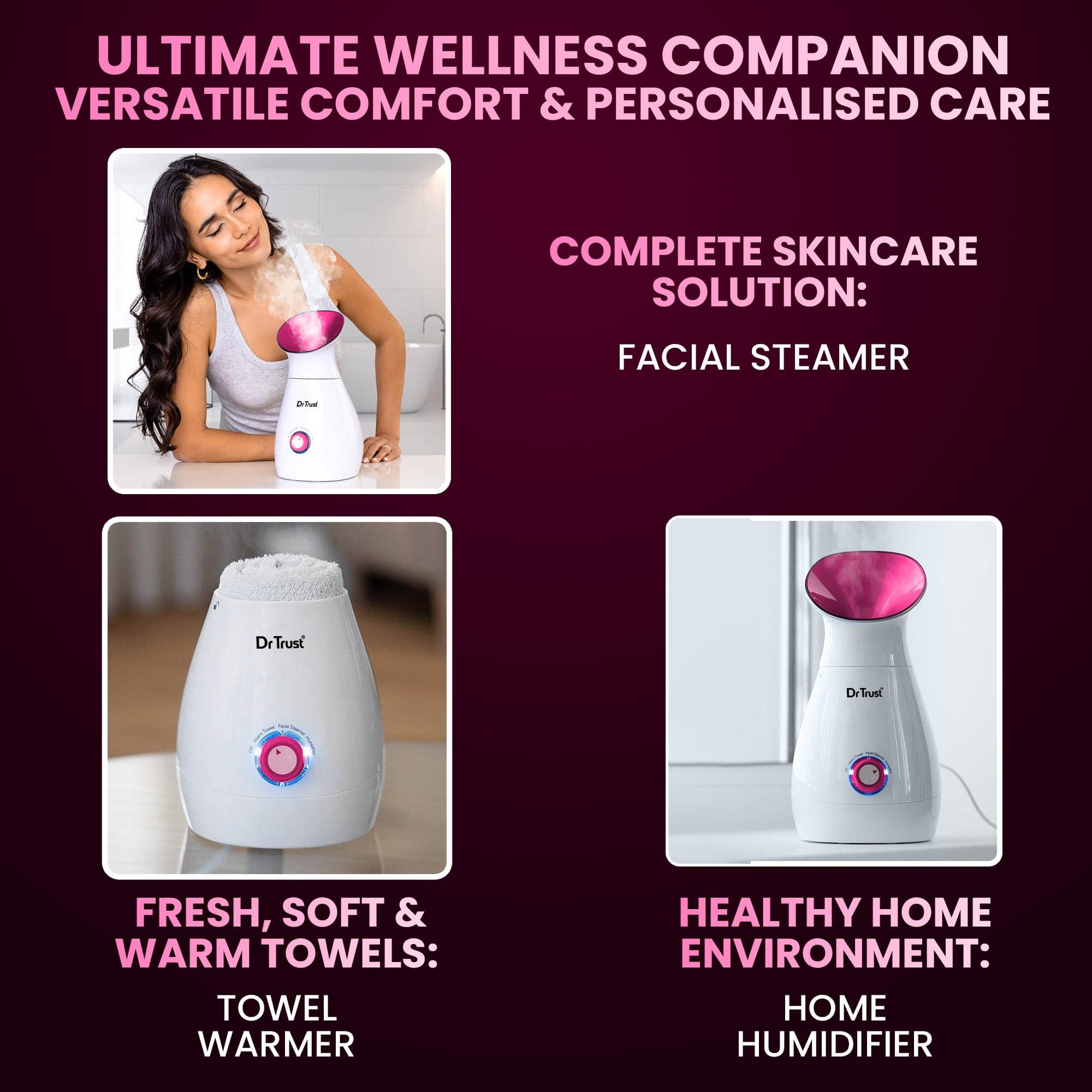 Dr Trust USA 3-in-1 Nano Ionic Facial Steamer & Vaporizer for Skin Care - Pink (Model 905) | Professional Facial Spa Treatment at Home for Hydration & Deep Cleansing