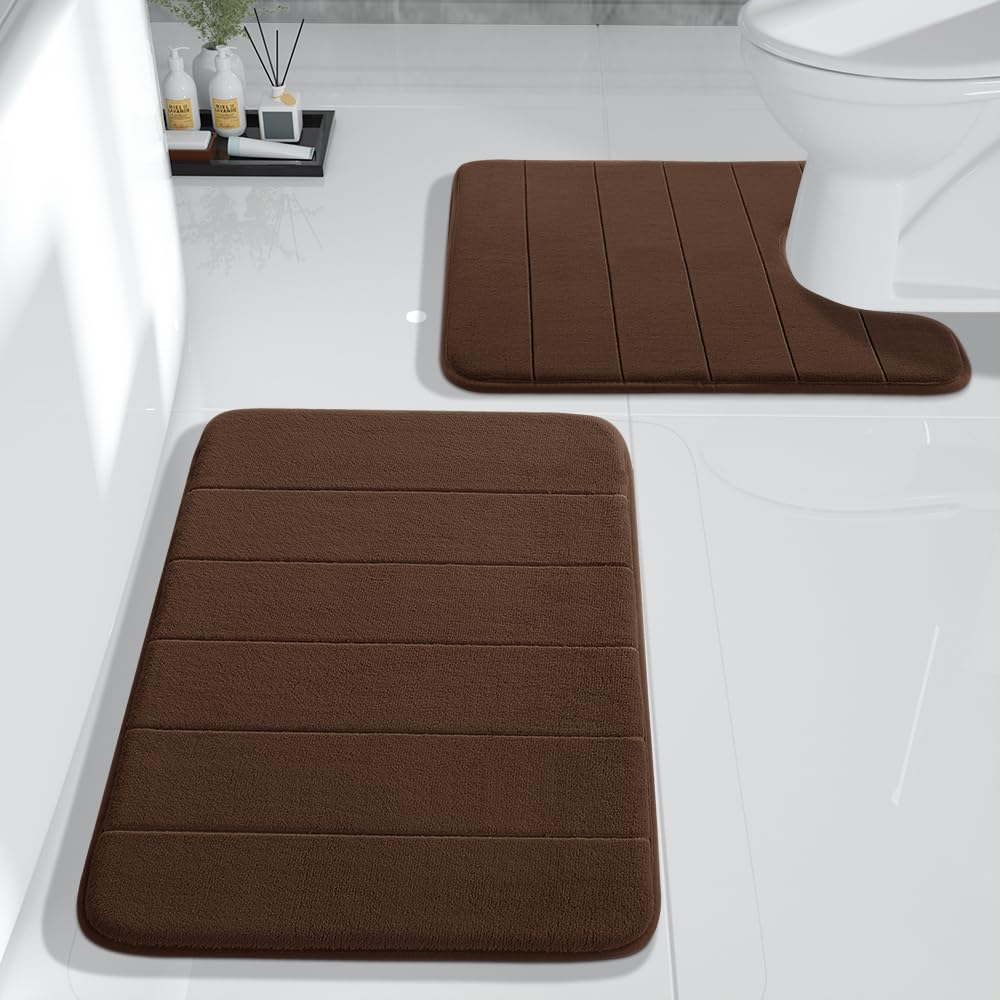 Yimobra 2-Piece Memory Foam Bath Mat Set - Ultra Soft Non-Slip Bathroom Rugs (17x24 & 24x20.4 Inches) - Quick-Dry Water Absorbent U-Shaped Toilet Mats for Bathroom Floor - Perfect for Showers, Bathtubs & Sink Areas - Brown