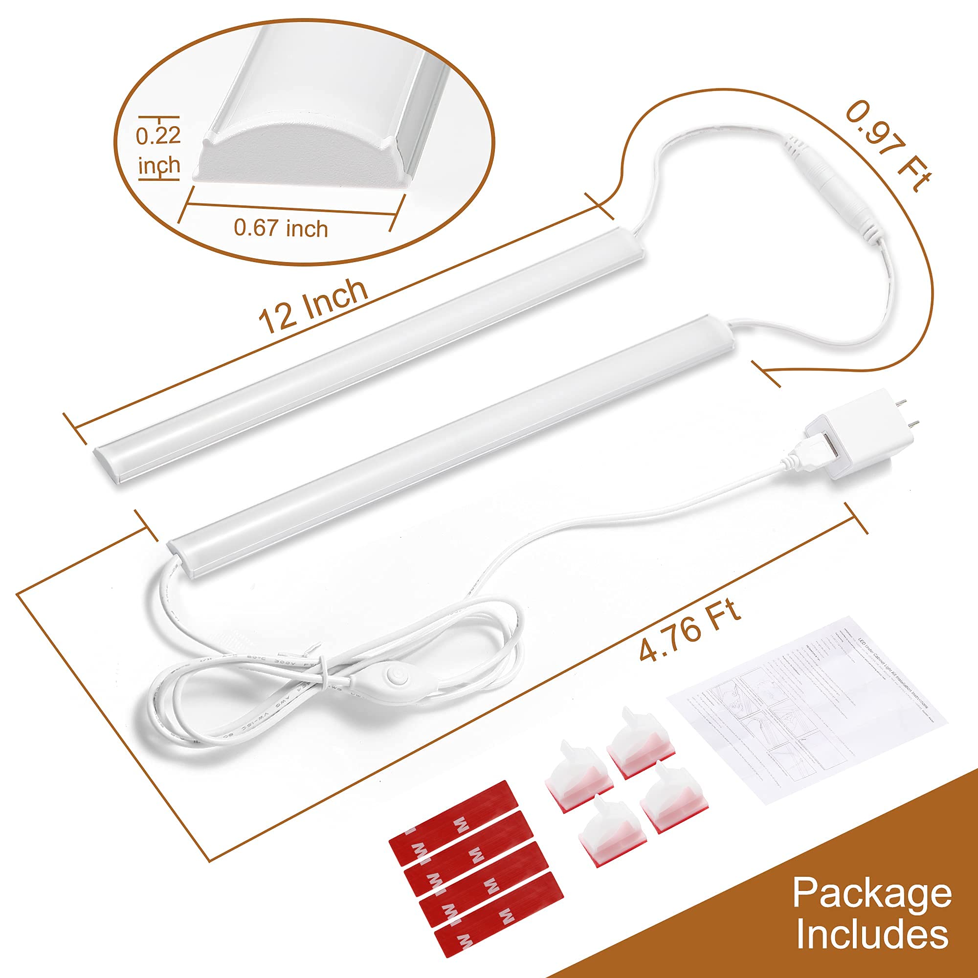JUSJUBR Plug-in Under Cabinet LED Lighting - 2 Pack 12 Inch Dimmable Closet Lights, 6000K Cool White Linkable USB Light Bars with Memory Function - Perfect for Kitchen Countertops, Office Desks, Workshop & Display Cabinets