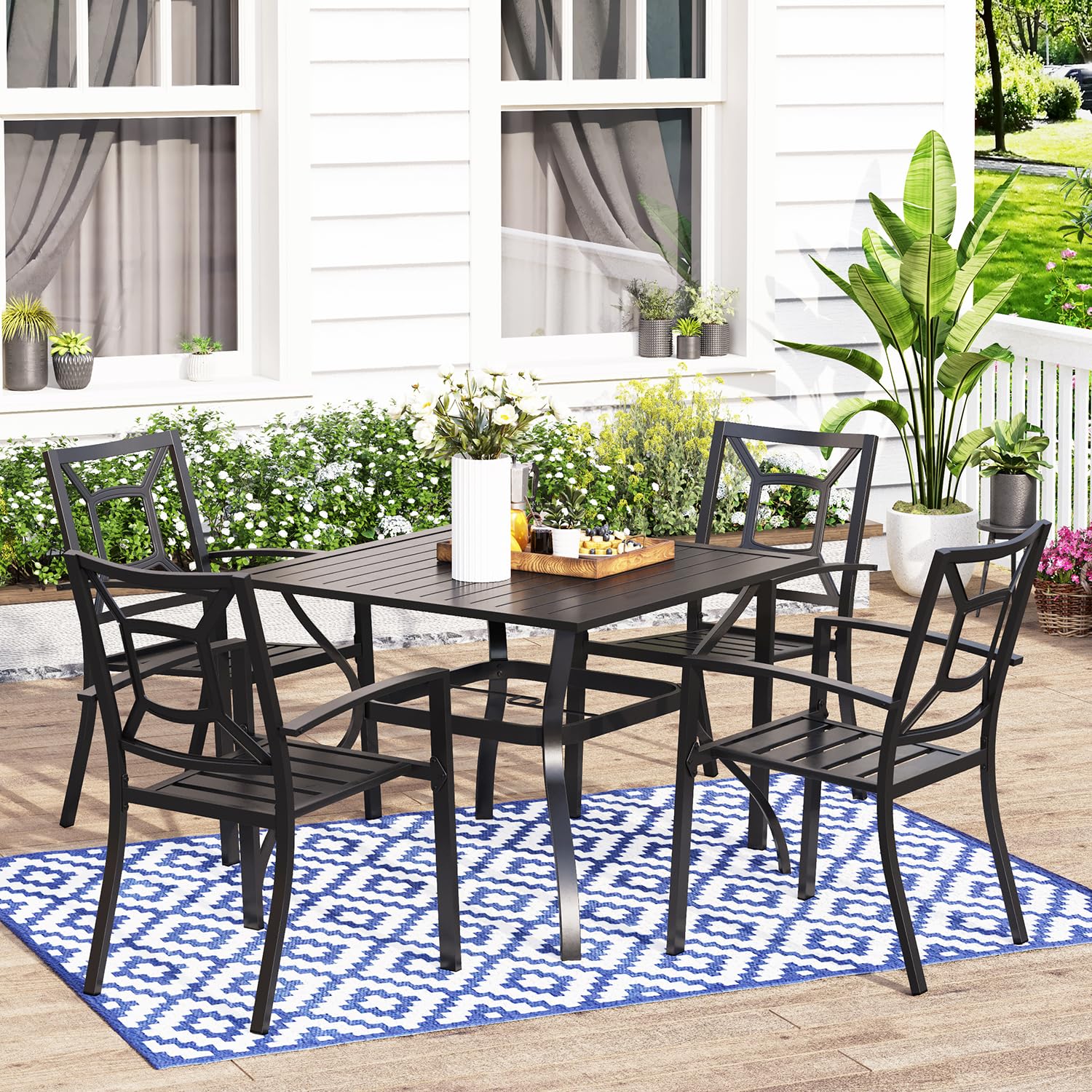 MFSTUDIO 6-Piece Patio Dining Chairs Set - Outdoor Wrought Iron Stackable Armchairs with Armrests, Black - Perfect for Backyard, Garden, Poolside & Restaurant Outdoor Seating
