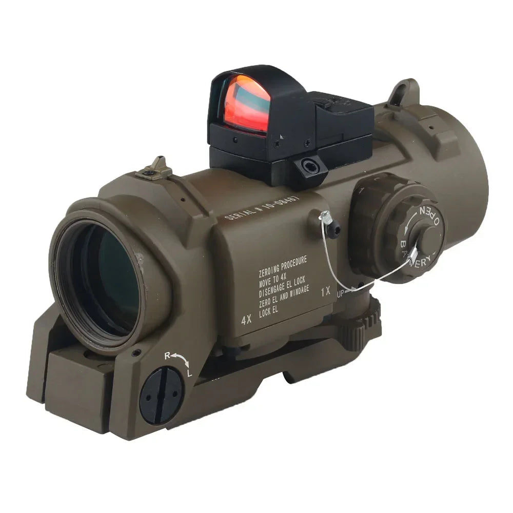 1-4x24 Wide Angle Tactical Rifle Scope with Mini Red Dot Sight | Dual Purpose Hunting & Shooting Accessory | Includes Rubber Covers (Black/Tan) | Perfect for Hunting, Target Practice & Tactical Training