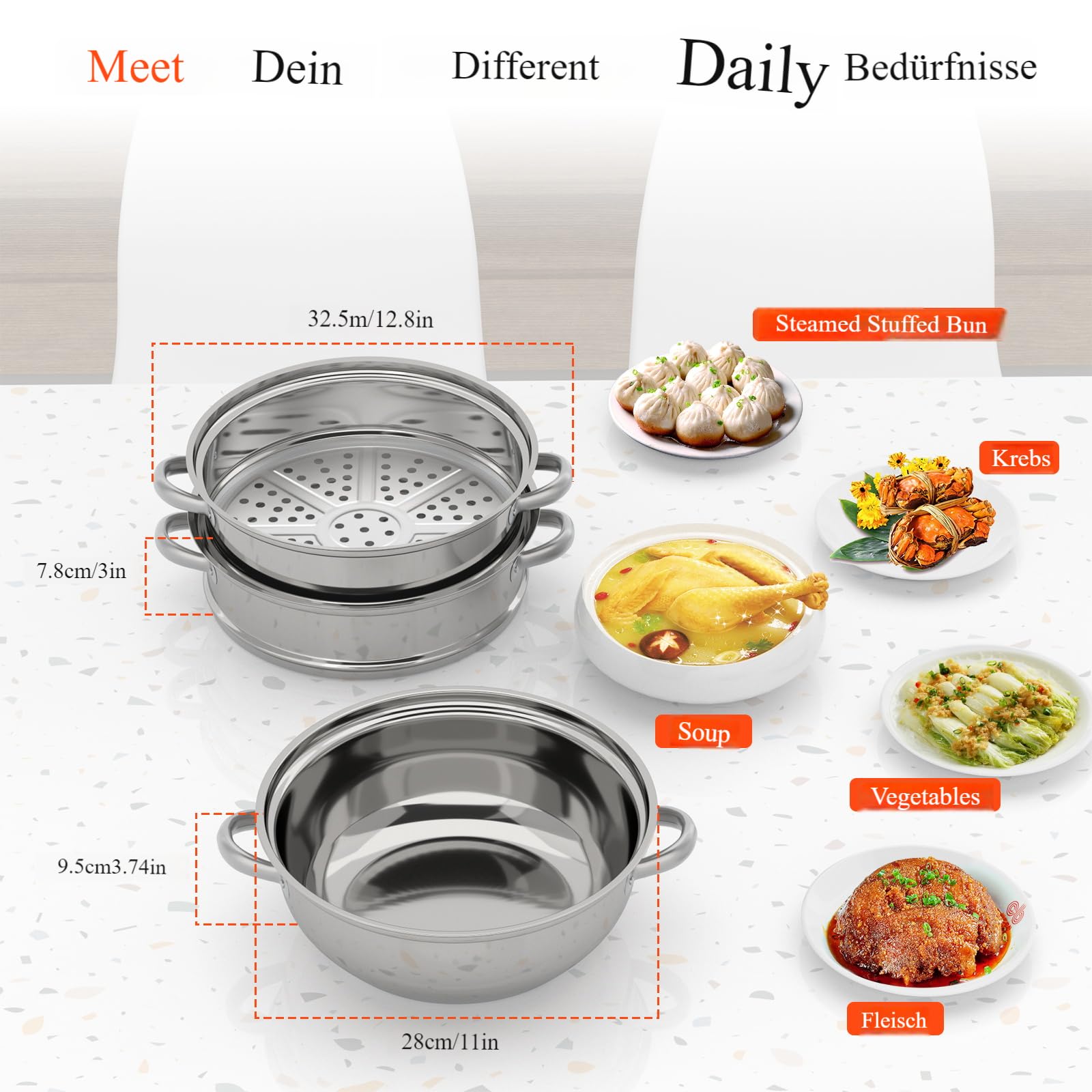 3-Tier Stainless Steel Steamer Pot with Glass Lid - 28cm Multi-Layer Food Steamer for Gas, Electric, Induction & Halogen Stoves - Dishwasher Safe - Perfect for Vegetables, Dumplings & Healthy Cooking