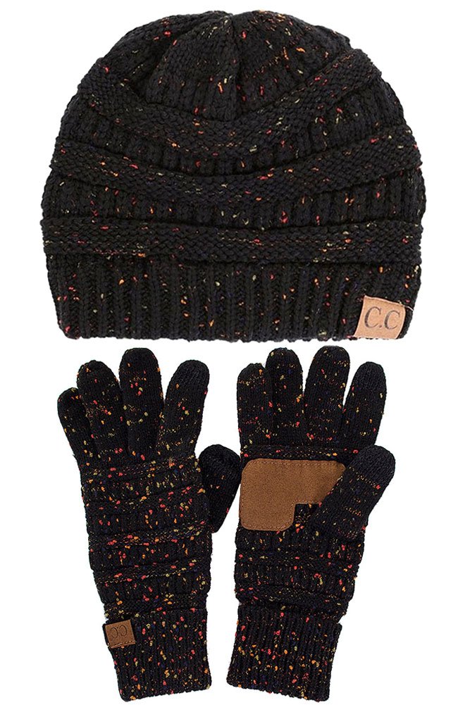 JINS CLOSET 2-Piece Winter Knit Set - Chunky Cable Knit Beanie & Gloves for Women, Soft Stretch Warm Accessories, Trendy Confetti Pattern - Perfect for Snowboarding, Skiing & Cold Weather Fashion