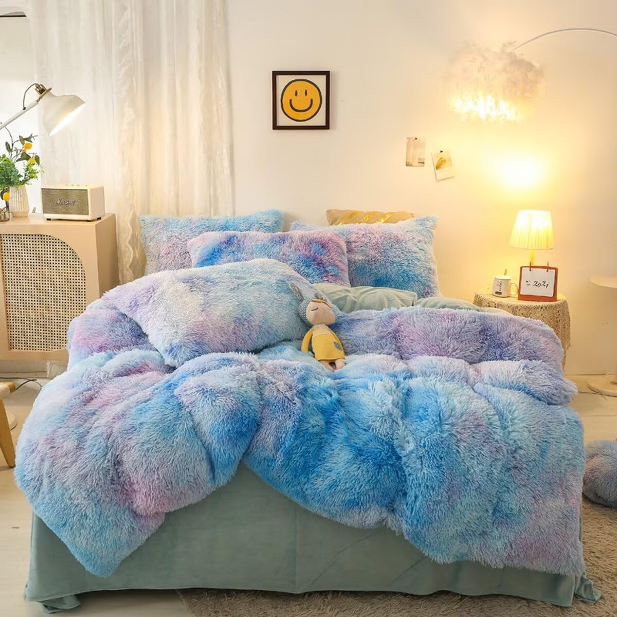 Soft Shaggy Faux Fur Duvet Cover Set - King Size Starry Sky Blue with Zipper Closure (1 Duvet Cover + 2 Pillow Shams) for Girls, Women & Kids - Cozy Crystal Velvet Bedding for Winter Nights & Luxury Bedroom Decor