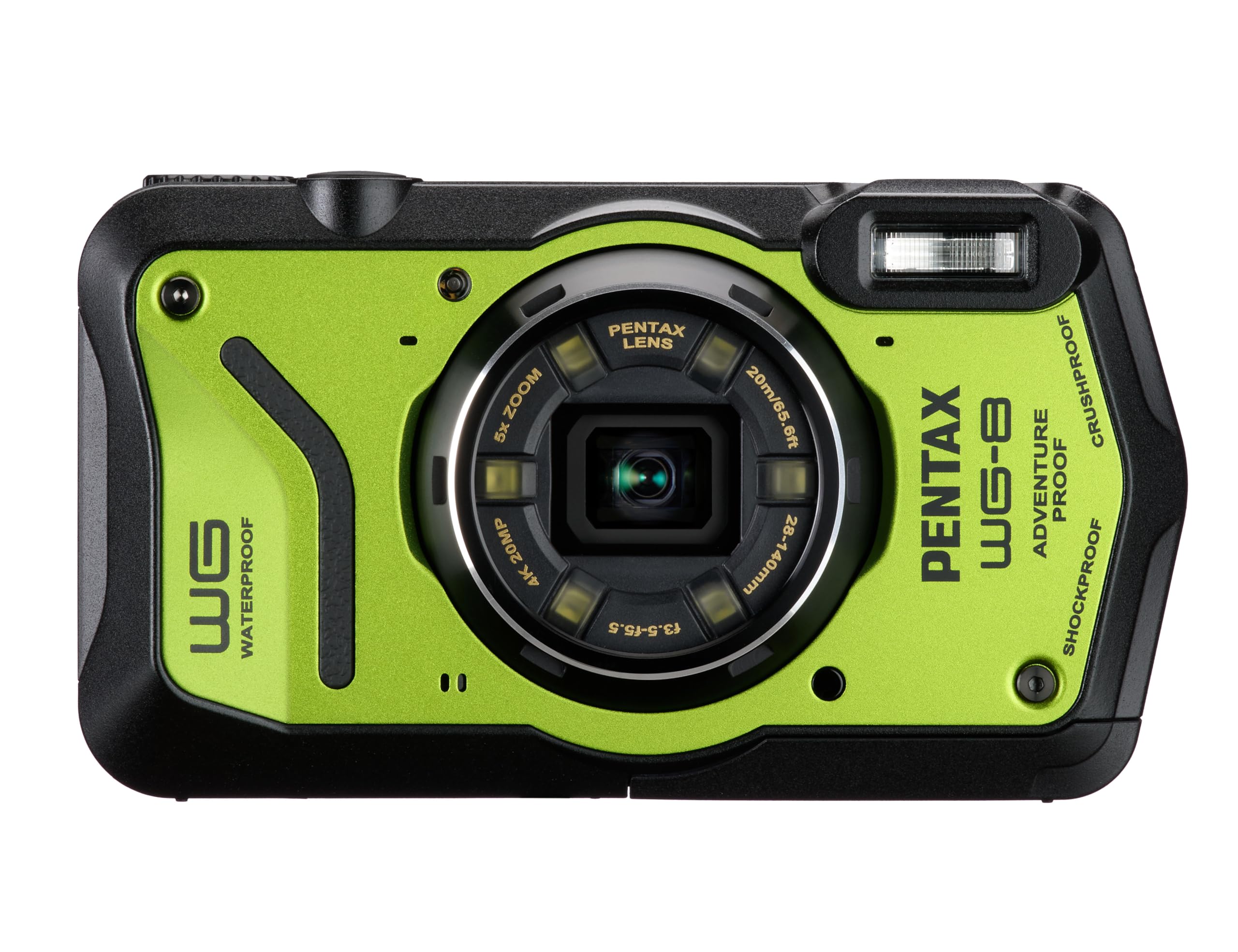 **PENTAX WG-8 Green Waterproof Digital Camera - Shockproof, Dustproof, 4K Video, Macro Ring Light for Outdoor Adventure, Travel & Vlogging**    **Usage Scenarios:** Perfect for hiking, snorkeling, extreme sports, travel vlogging, and macro photography.
