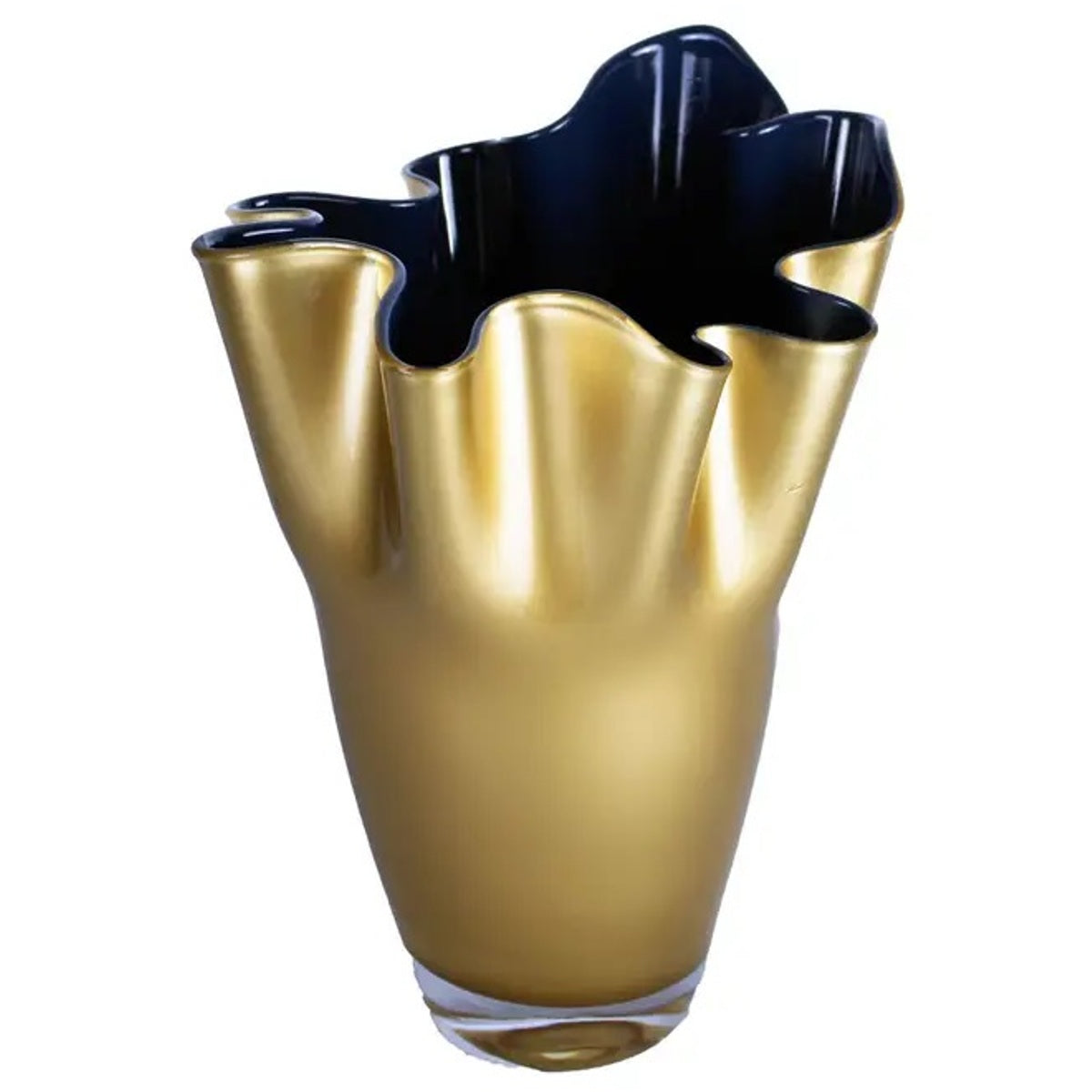 Handmade Blown Glass Wave Vase - Elegant Gold & Blue Art Decor for Home, Wedding Centerpiece, Boho Chic Living Room Decor