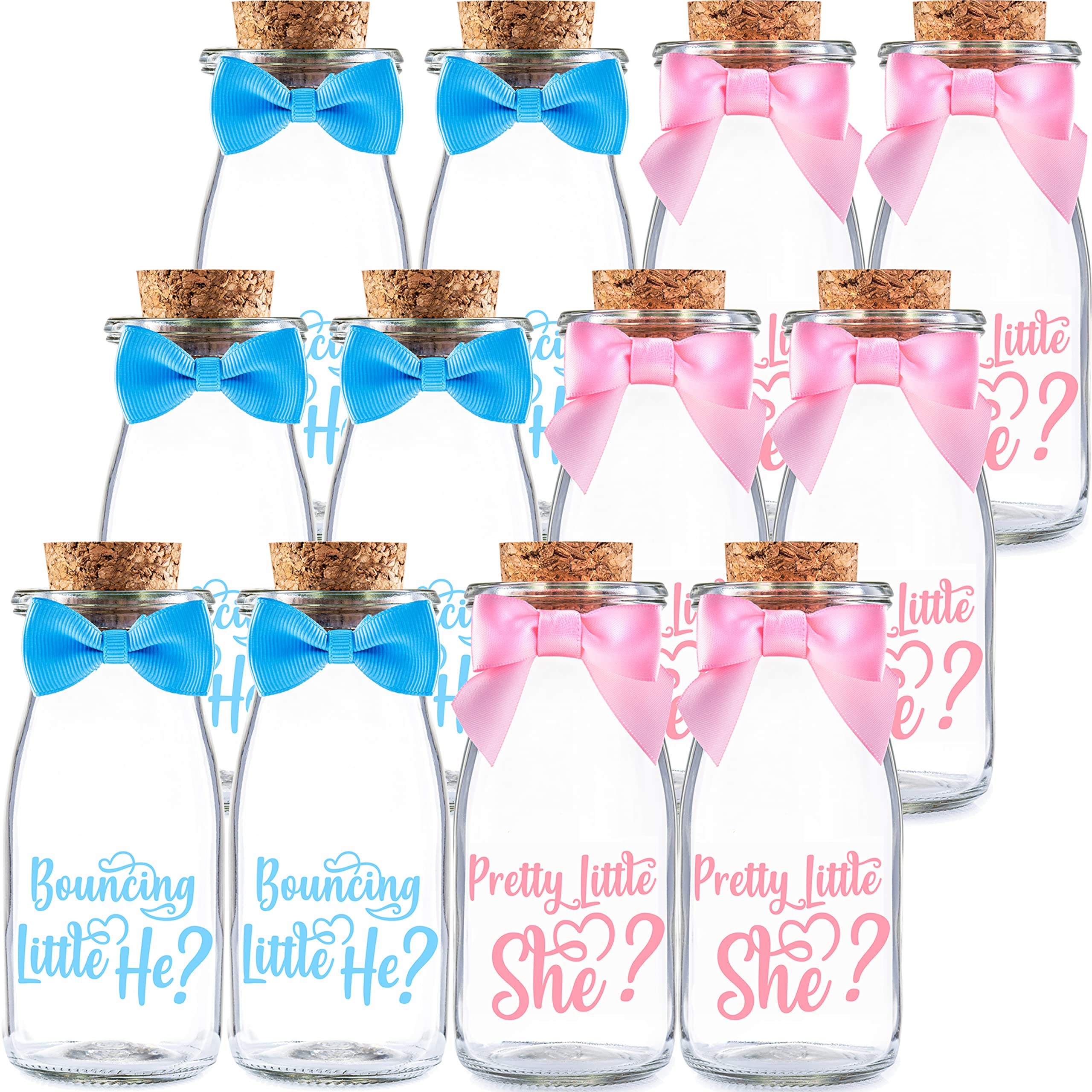 Vintage Milk Glass Bottles for Gender Reveal Party - 12 Pack Baby Shower Decor with Blue & Pink Ribbons - Team Boy or Girl Party Favors, Thank You Stickers - Perfect for Baby Gender Reveal Decorations, Guest Gifts & Centerpieces