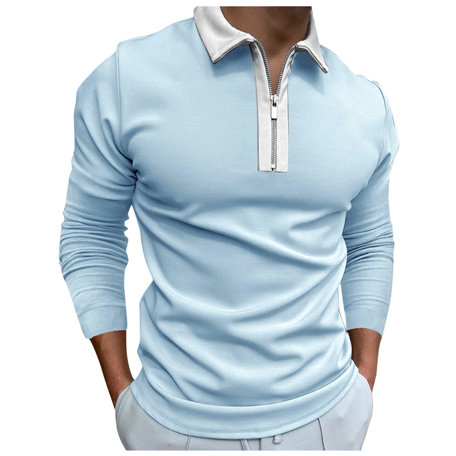 Men's Long Sleeve Casual Shirt with Zipper Turn Down Collar - Solid Color Button Up Blouse Tops for Work, Office & Everyday Wear