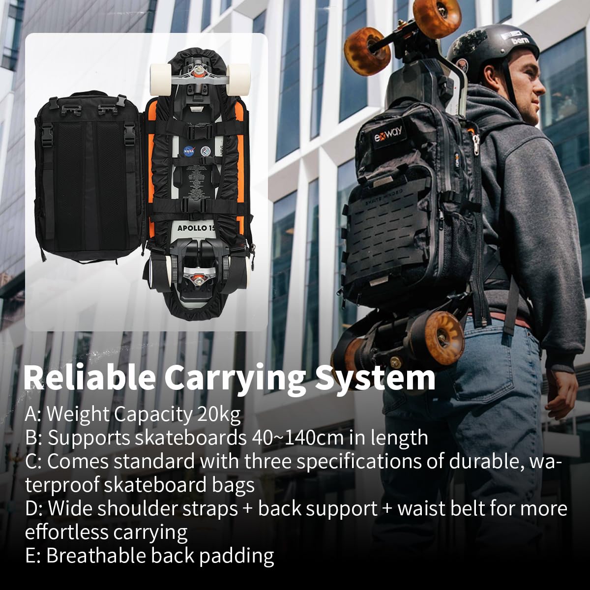 EXWAY 2nd Gen Pro Electric Skateboard Backpack - Waterproof Board Cover, Detachable Street Carry Bag, Multi-Functional Travel & Hiking Backpack with Laptop Compartment (Perfect for Commuting, Campus & Outdoor Adventures)