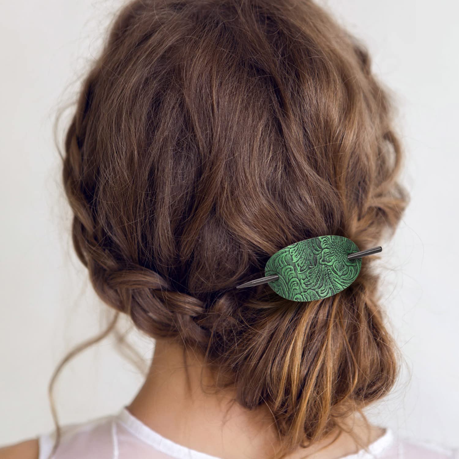 Noverlife 6PCS Bohemian Style Hair Barrettes with Wooden Stick - Faux Leather Oval Hair Clips, Ponytail Holders & Slider Pins for Women & Girls | Perfect for Weddings, Parties & Everyday Styling
