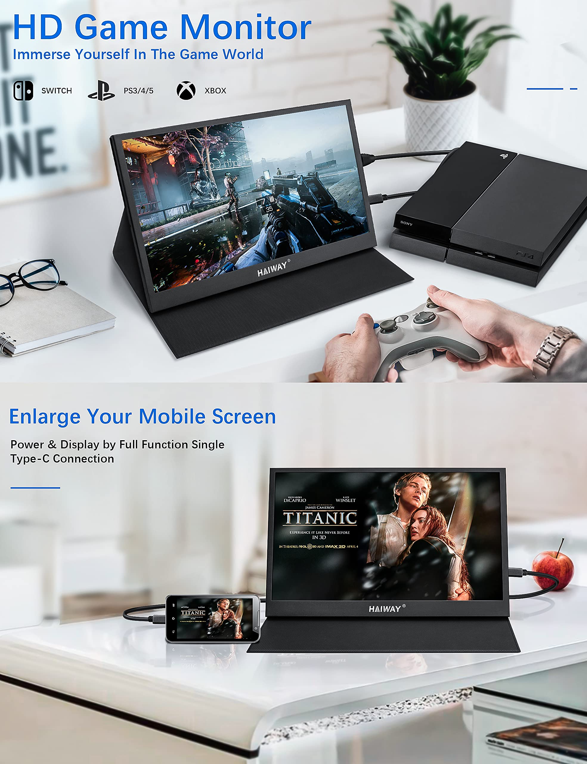 15.6 Inch Portable Monitor - 1080P FHD IPS USB-C HDMI External Second Screen for Laptop, PC, Mac, Phone, PS4, Xbox & Switch - Dual Speakers with Protective Cover - Ideal for Gaming, Work & Travel