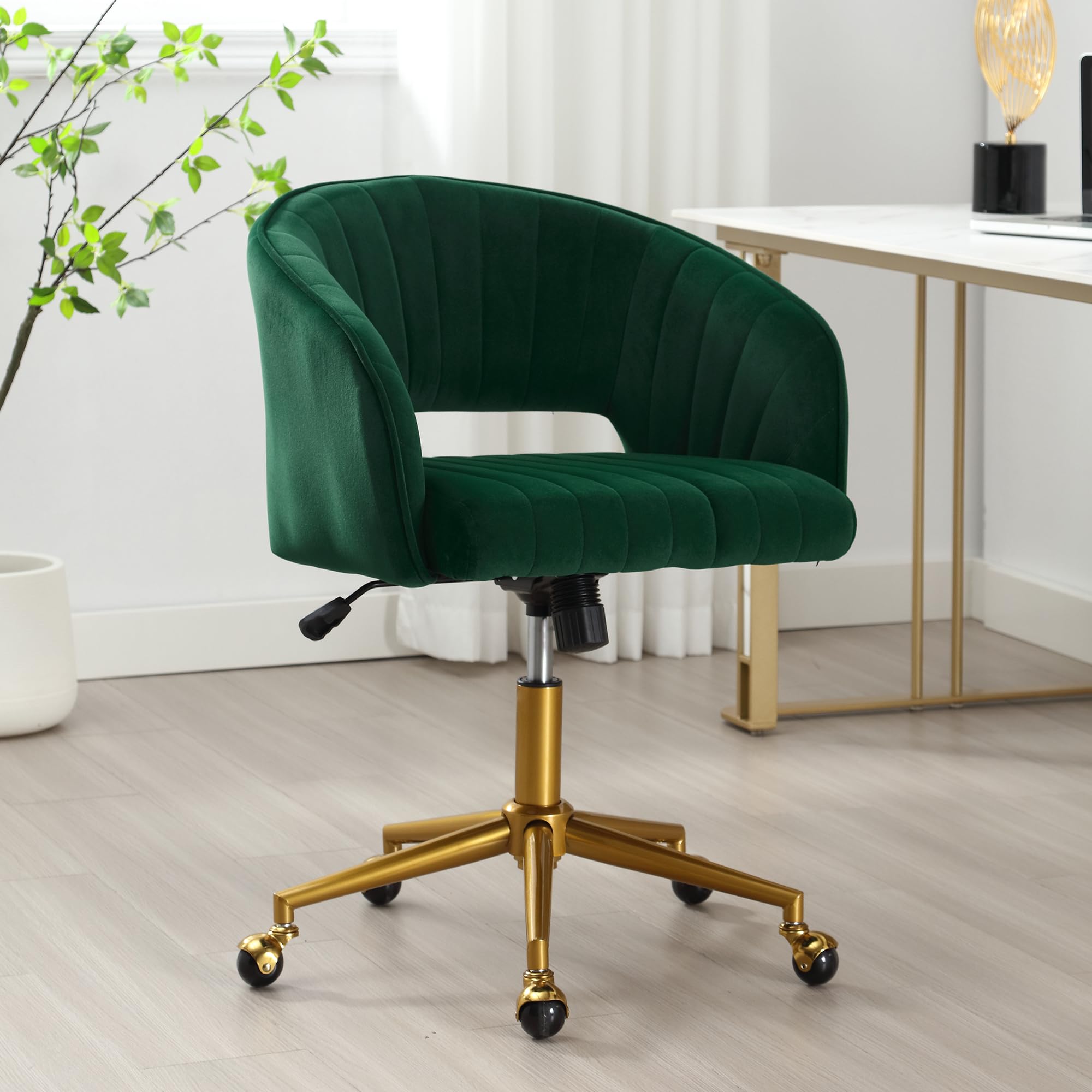 ABET Ergonomic Velvet Desk Chair with Wheels - Adjustable Swivel Office Chair with Gold Base for Home & Workspace - Modern Upholstered Armchair for Living Room, Bedroom & Vanity (Dark Green) - Perfect for Remote Work, Gaming & Study Sessions