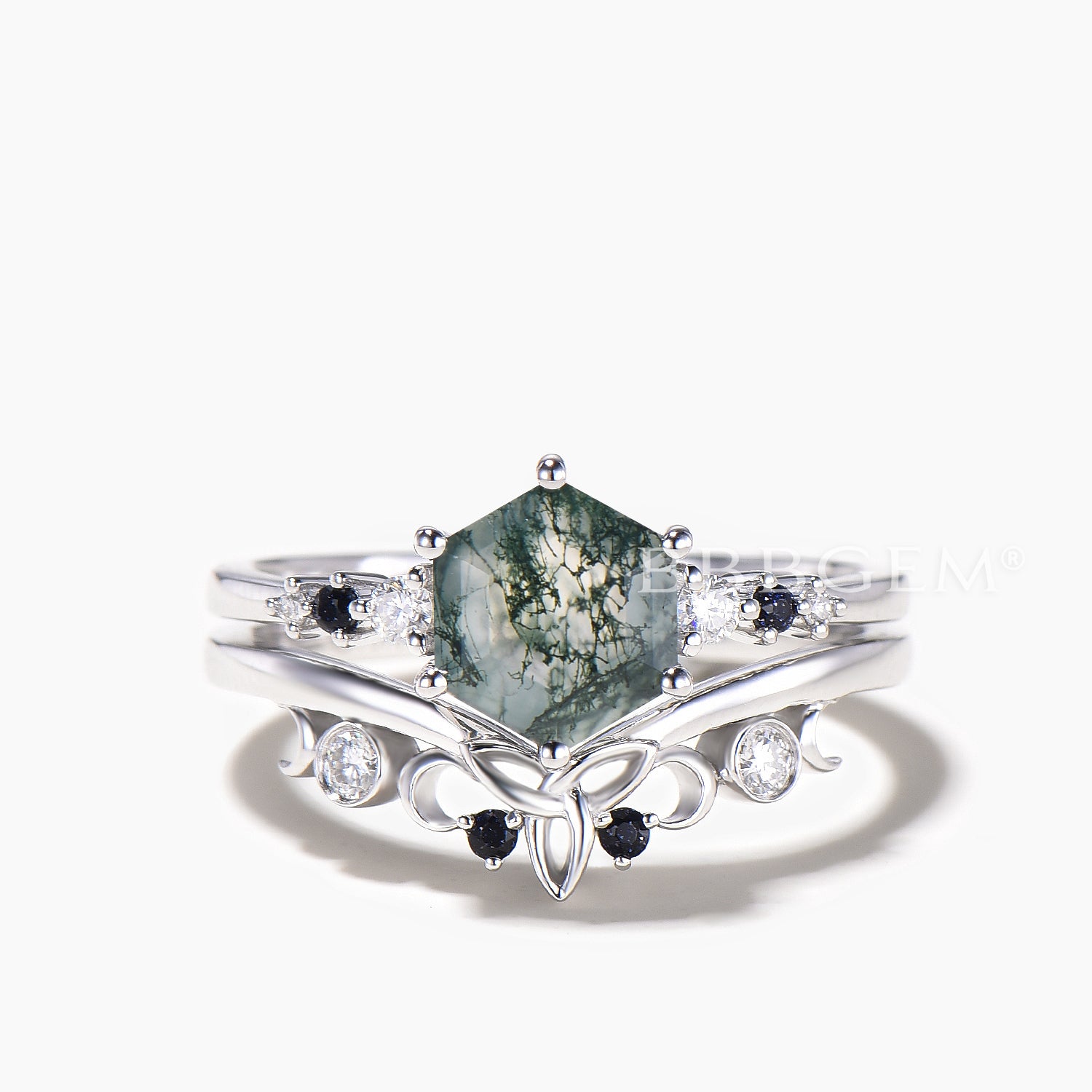 1CT Hexagon Cut Natural Moss Agate Celtic Knot Bridal Ring Set - Elegant Sandstone Wedding Band for Women, Perfect for Engagement, Anniversary & Boho Style Jewelry Gifts