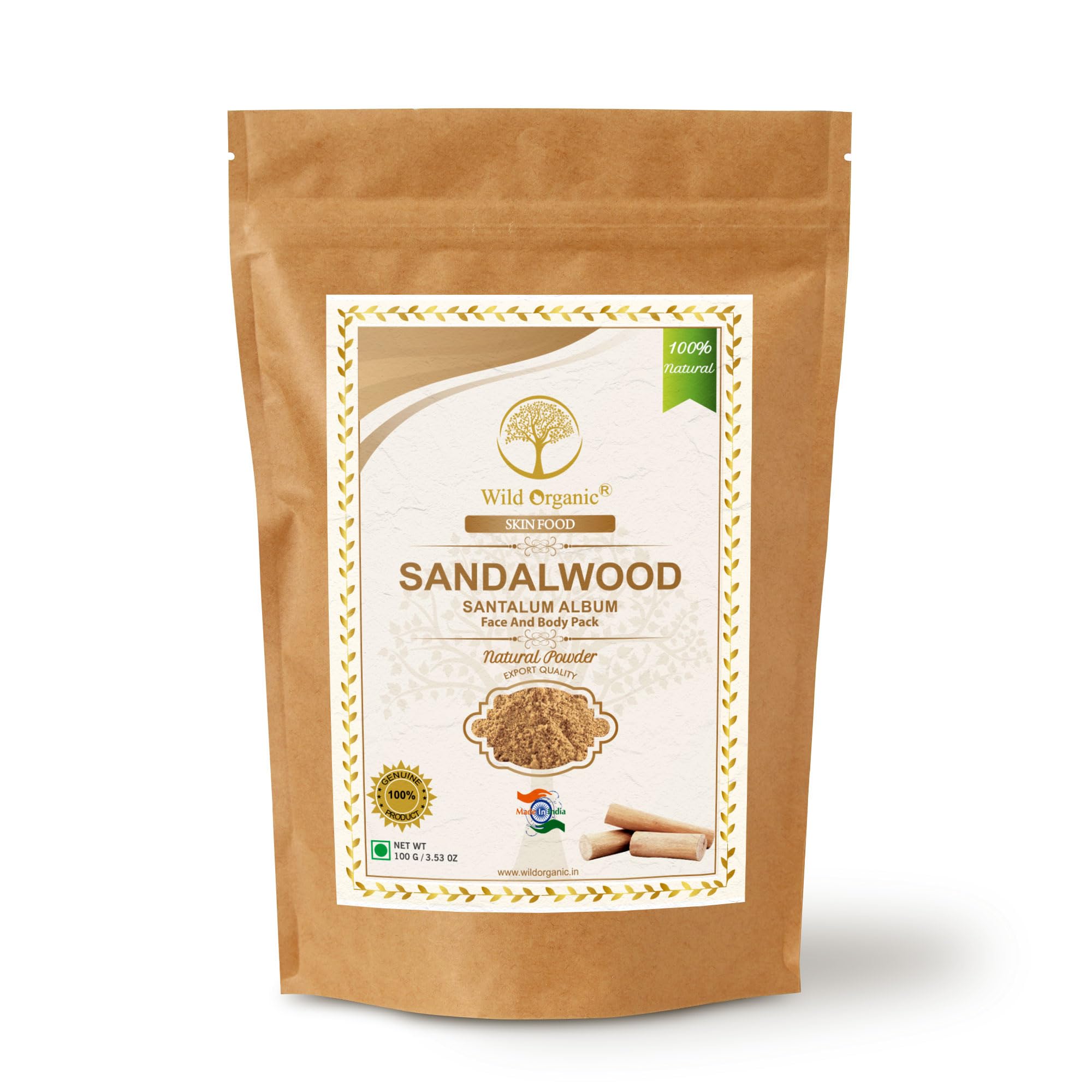 WILD ORGANIC 100% Natural Sandalwood Powder for Face & Body - Instant Glow & Skin Brightening (100g) | Suitable for All Skin Types | DIY Face Masks, Spa Treatments & Ayurvedic Skincare
