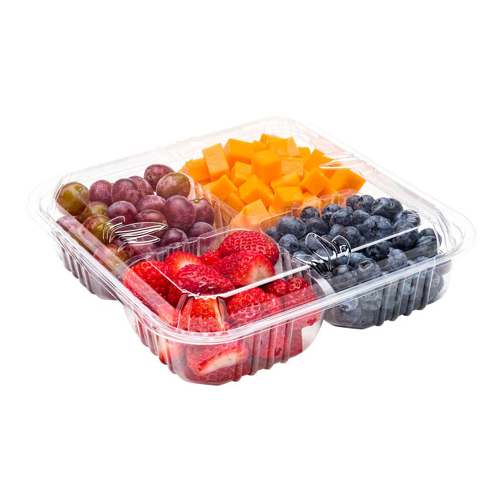 Restaurantware Thermo Tek 8.3 x 2.2 Inch Disposable Plastic Serving Platters with Lids - 100 Pack Square 4-Compartment Clear Veggie & Fruit Trays for Parties, Catering, Buffets, and Appetizer Displays