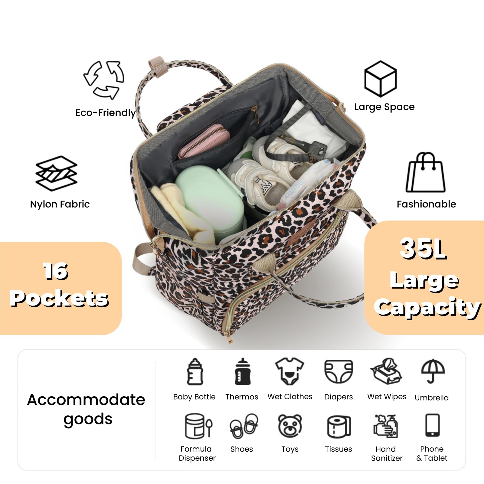 ROSEGIN Large Waterproof Diaper Backpack for Moms - Baby Bag with Changing Pad & Pacifier Case for Boys, Girls & Toddlers - Stylish Cheetah Print Travel Diaper Bag for Baby Showers, Outings & Daily Use